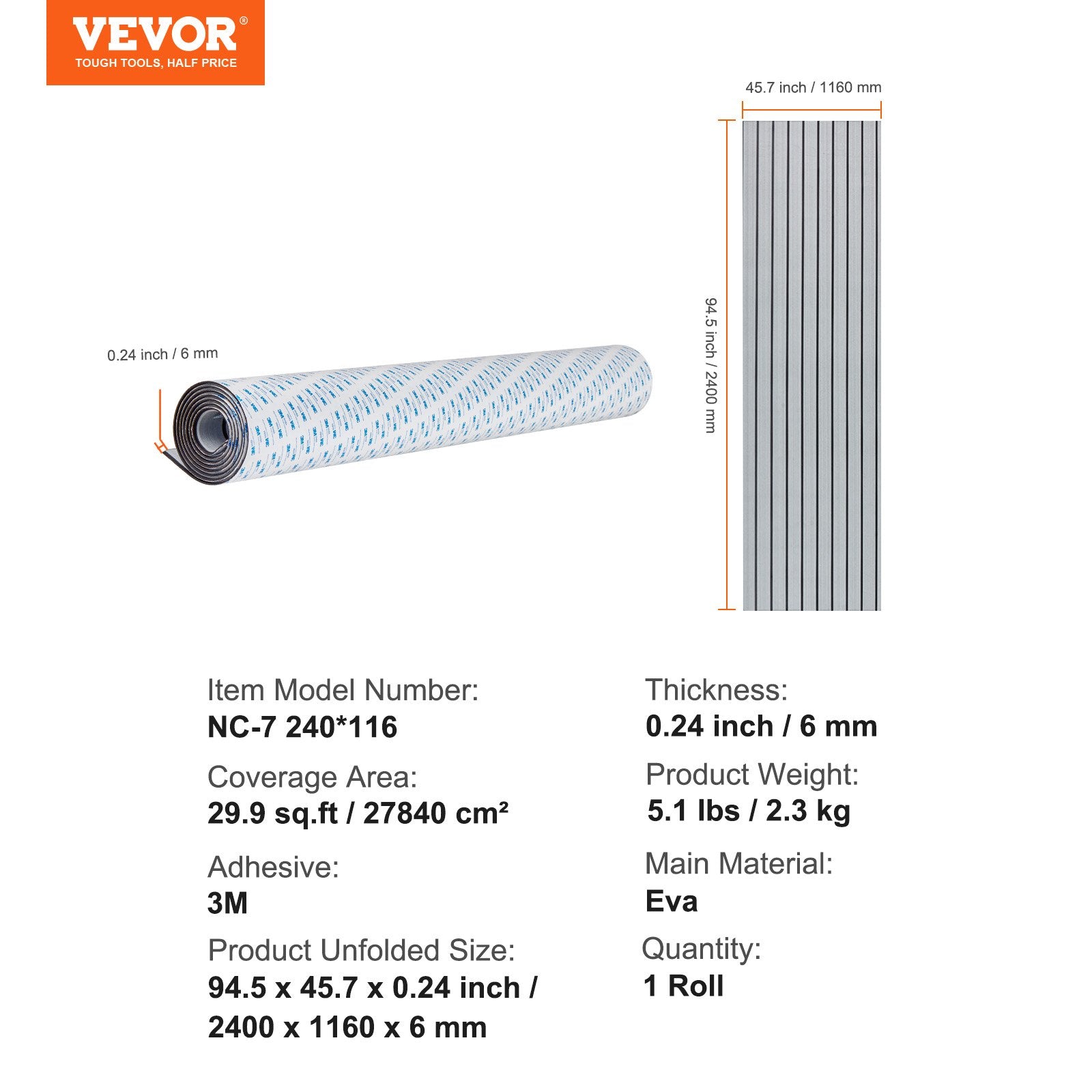 Valties grindų danga VEVOR NC-7, 240 x 116,1 cm