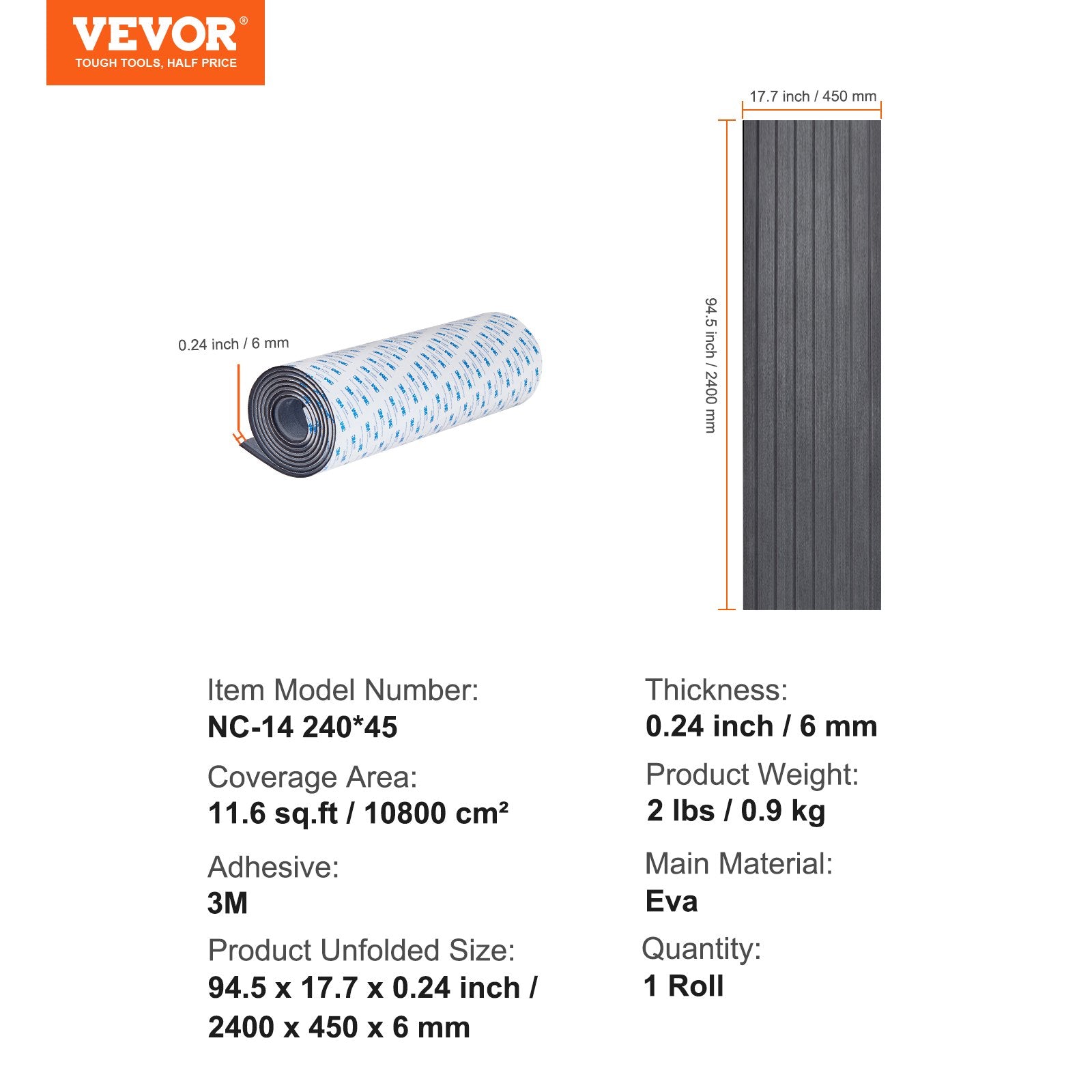 Valties denio danga VEVOR NC-14, 240 x 45 cm