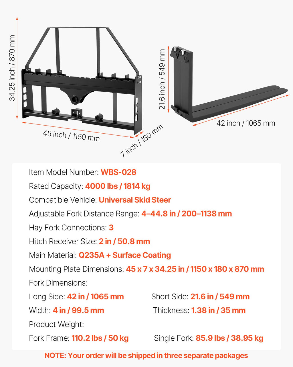 Padėklų šakės mini krautuvui VEVOR WBS-028, 1814 kg keliamoji galia