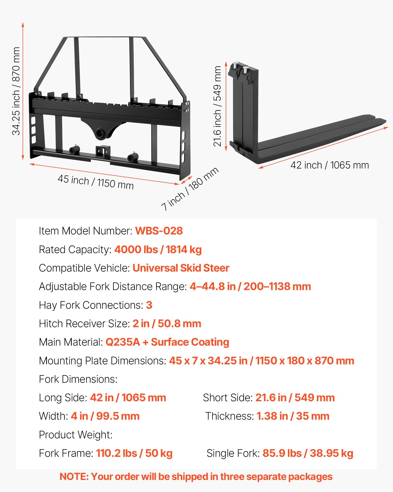 Padėklų šakės mini krautuvui VEVOR WBS-028, 1814 kg keliamoji galia