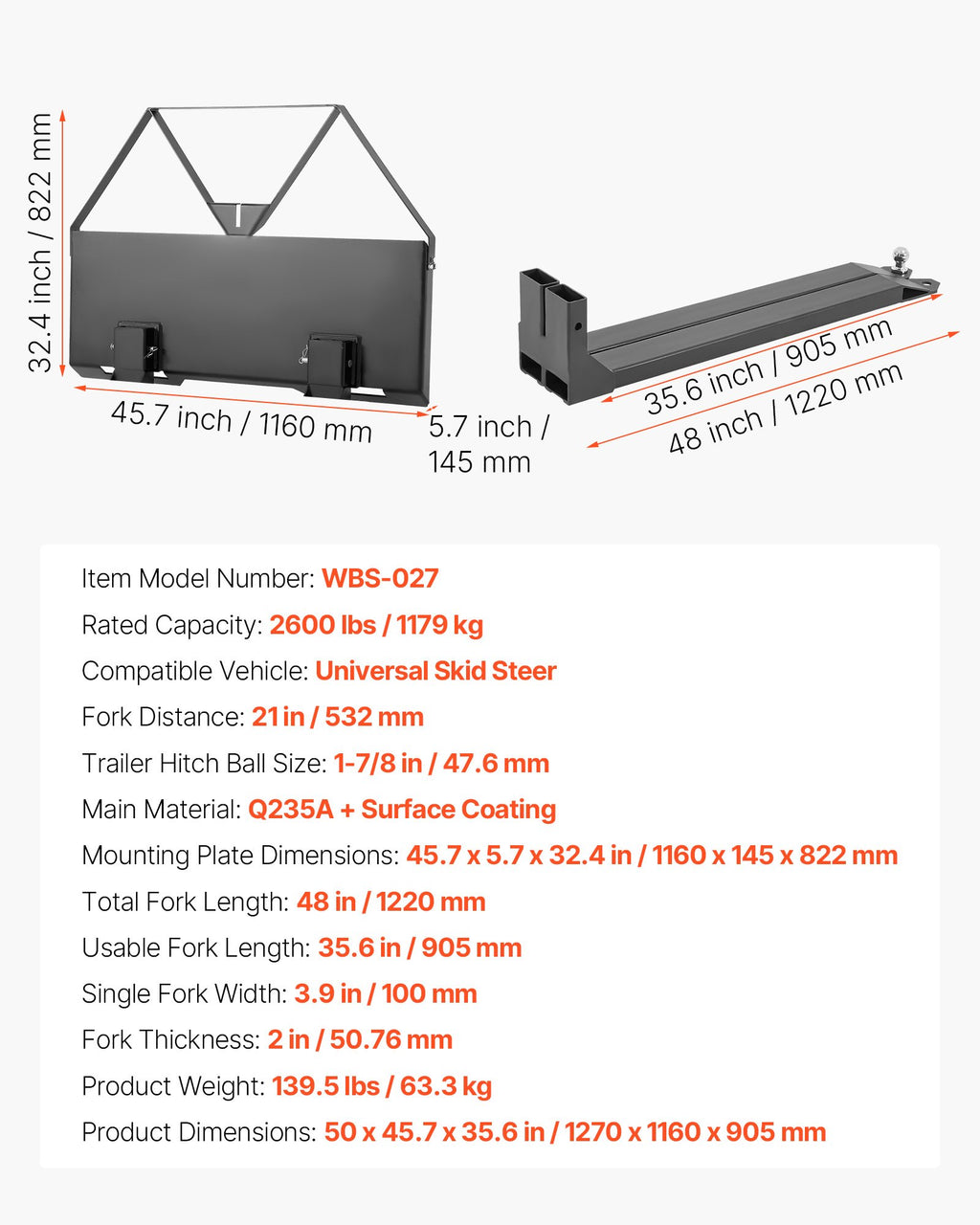 Palečių šakės VEVOR WBS-027, 1179 kg