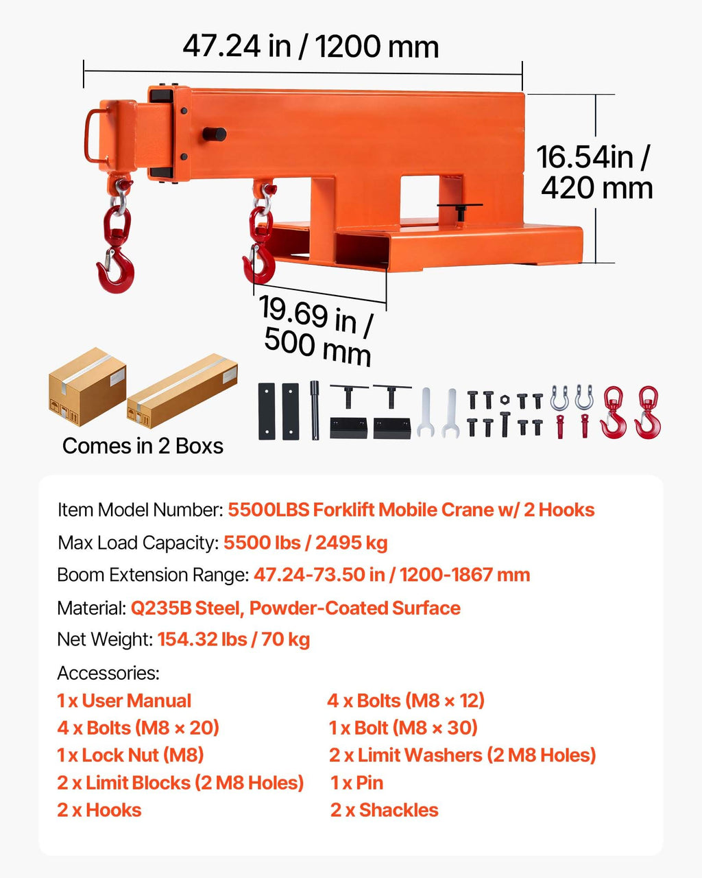 Šakinio krautuvo strėlė VEVOR 5500LBS, 2495 kg keliamoji galia