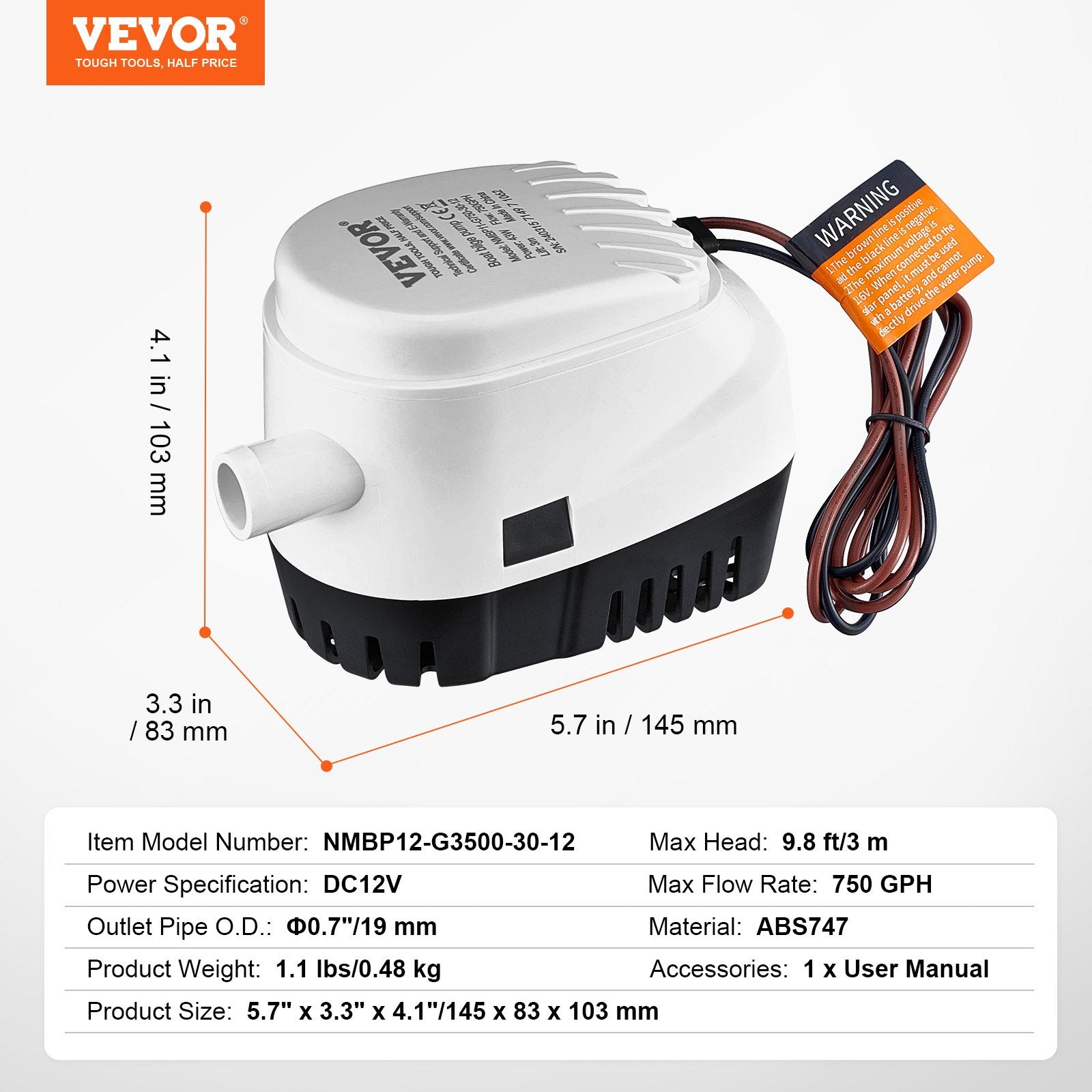 Automatinis triumo siurblys VEVOR NMBP11-G750-30-12, 750 GPH
