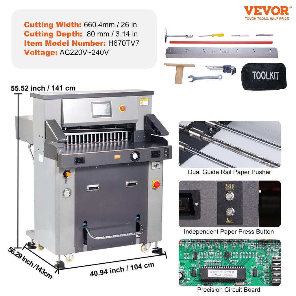 Elektrinė hidraulinė popieriaus pjaustyklė VEVOR H670TV7, 660,4 mm pjovimo plotis