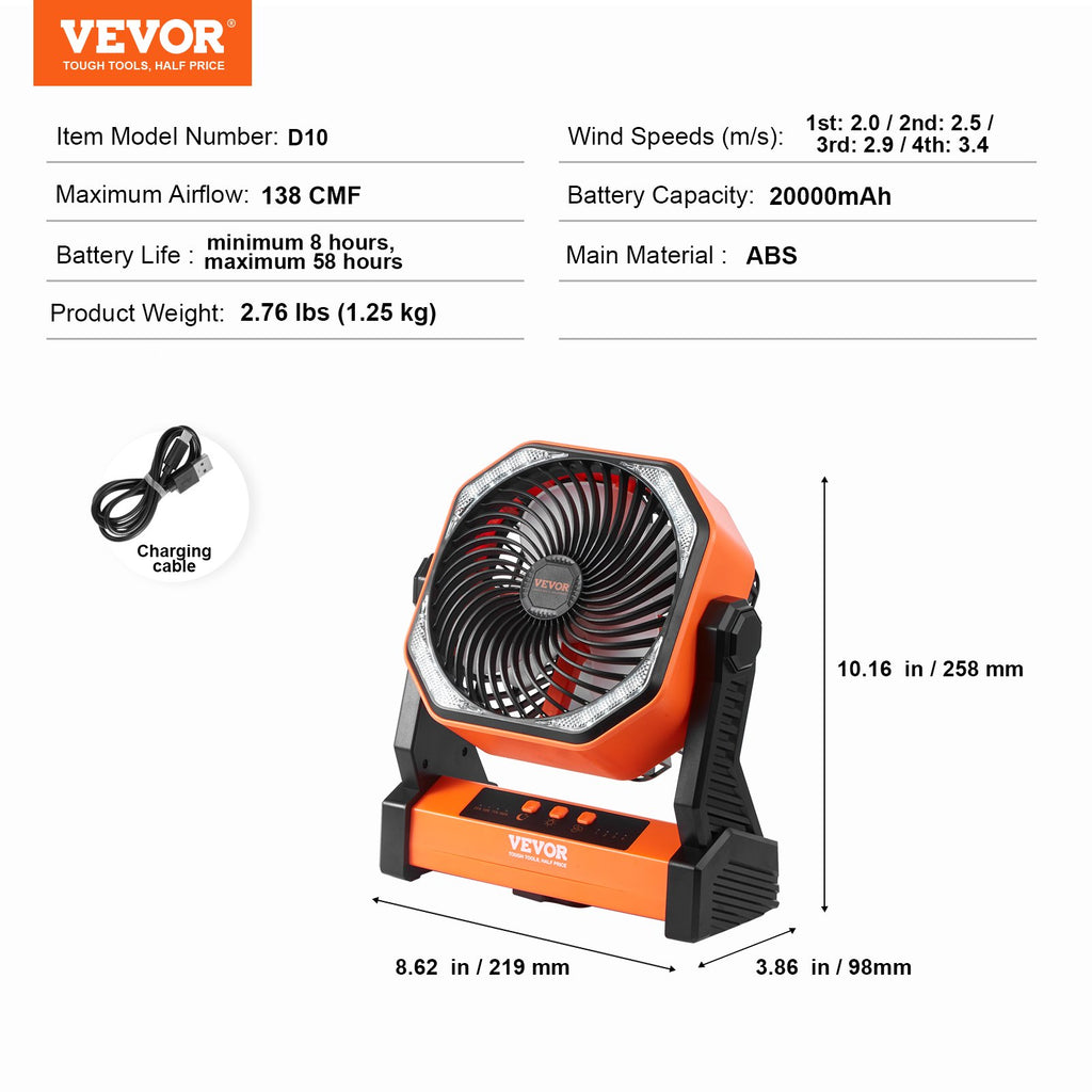 Nešiojamas ventiliatorius VEVOR D10, 20000 mAh