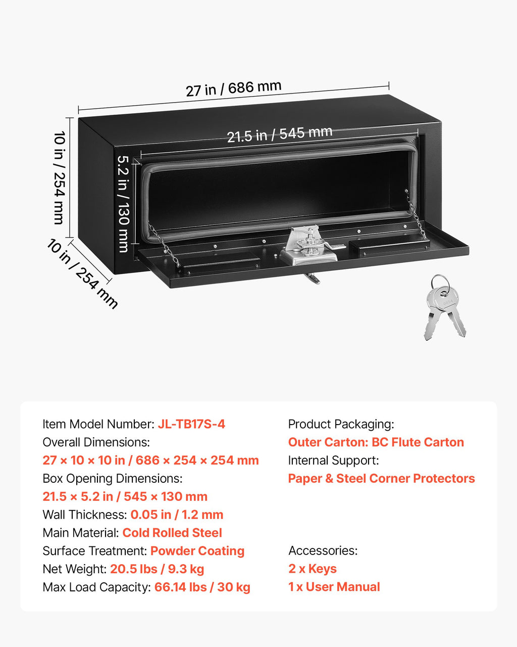 Sunkvežimio įrankių dėžė VEVOR JL-TB17S-4, 686 x 254 x 254 mm