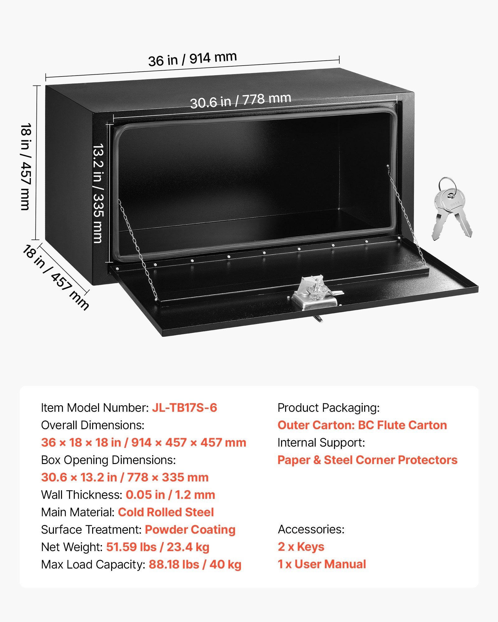 Sunkvežimio įrankių dėžė VEVOR JL-TB17S-6, 914 x 457 x 457 mm
