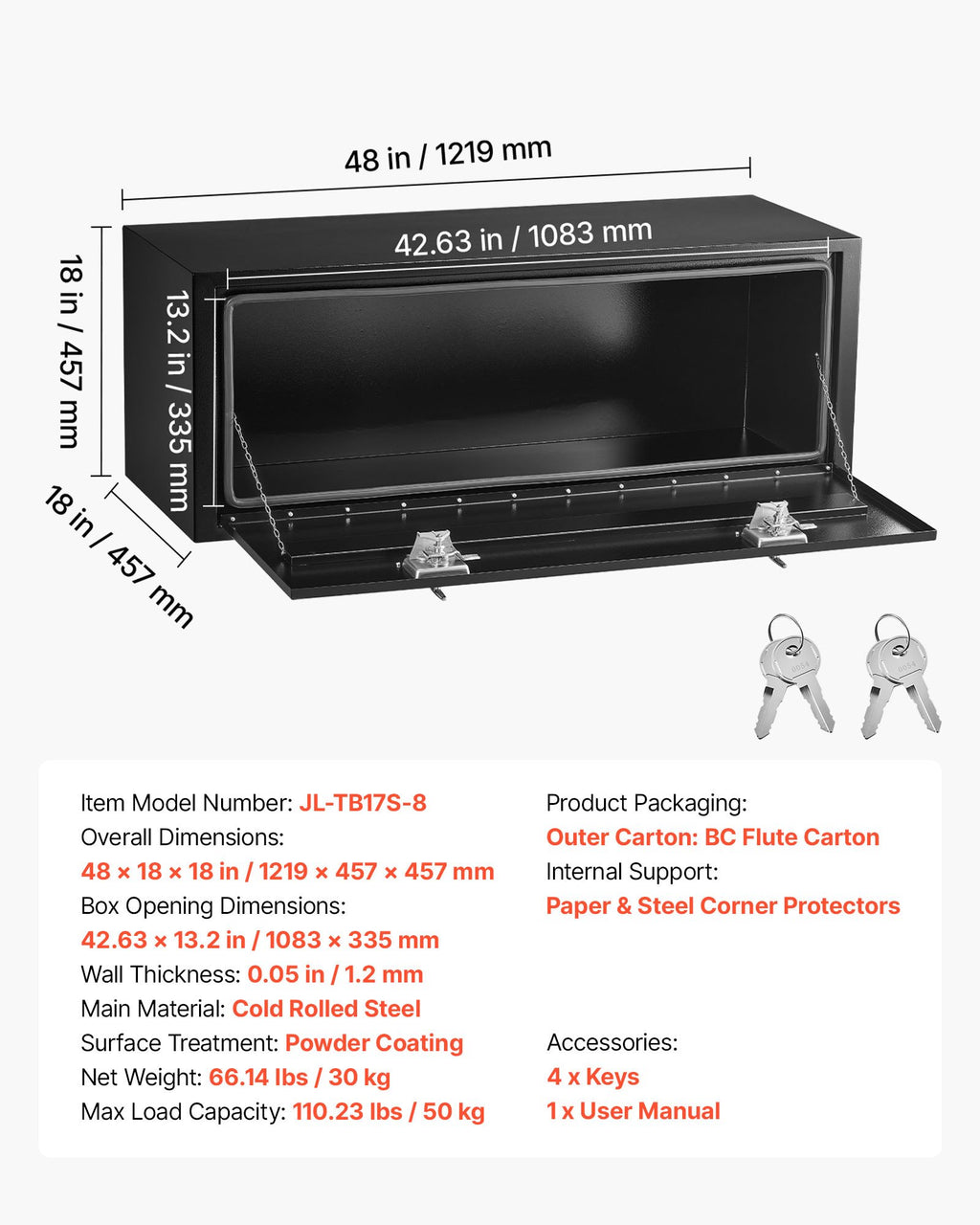 Sunkvežimio įrankių dėžė VEVOR JL-TB17S-8, 1219 x 457 x 457 mm