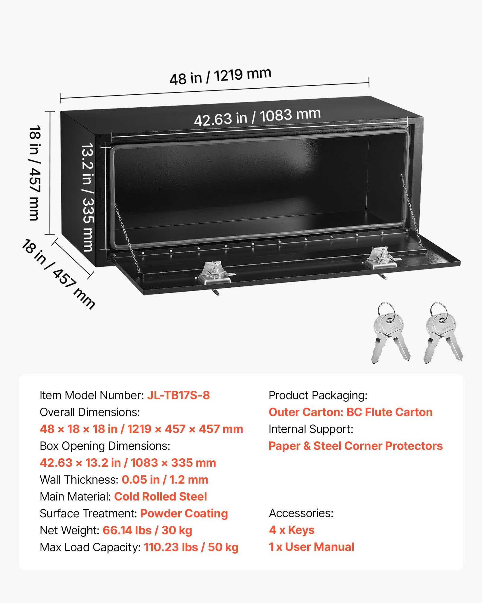 Sunkvežimio įrankių dėžė VEVOR JL-TB17S-8, 1219 x 457 x 457 mm