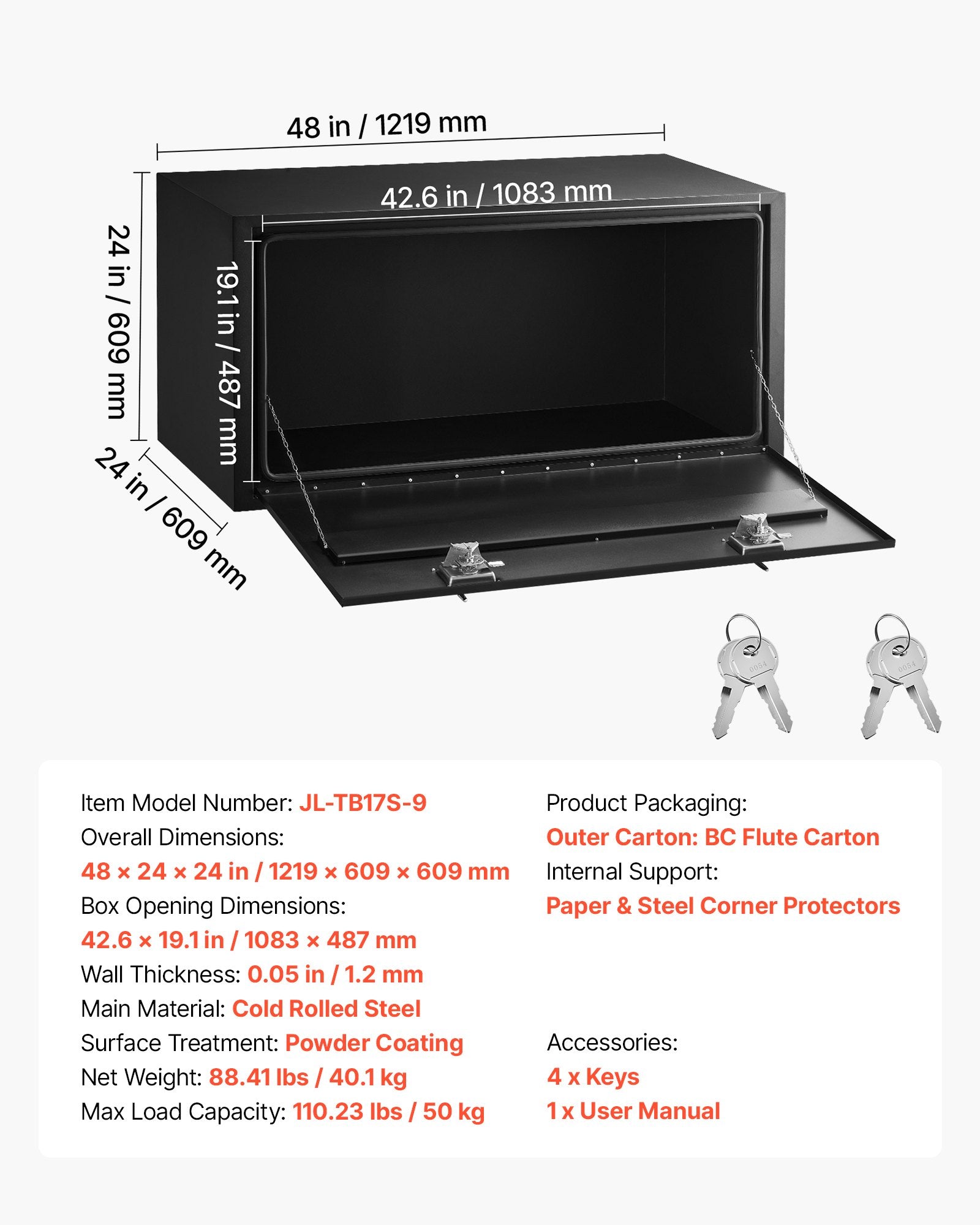 Sunkvežimio įrankių dėžė VEVOR JL-TB17S-9, 1219 x 609 x 609 mm