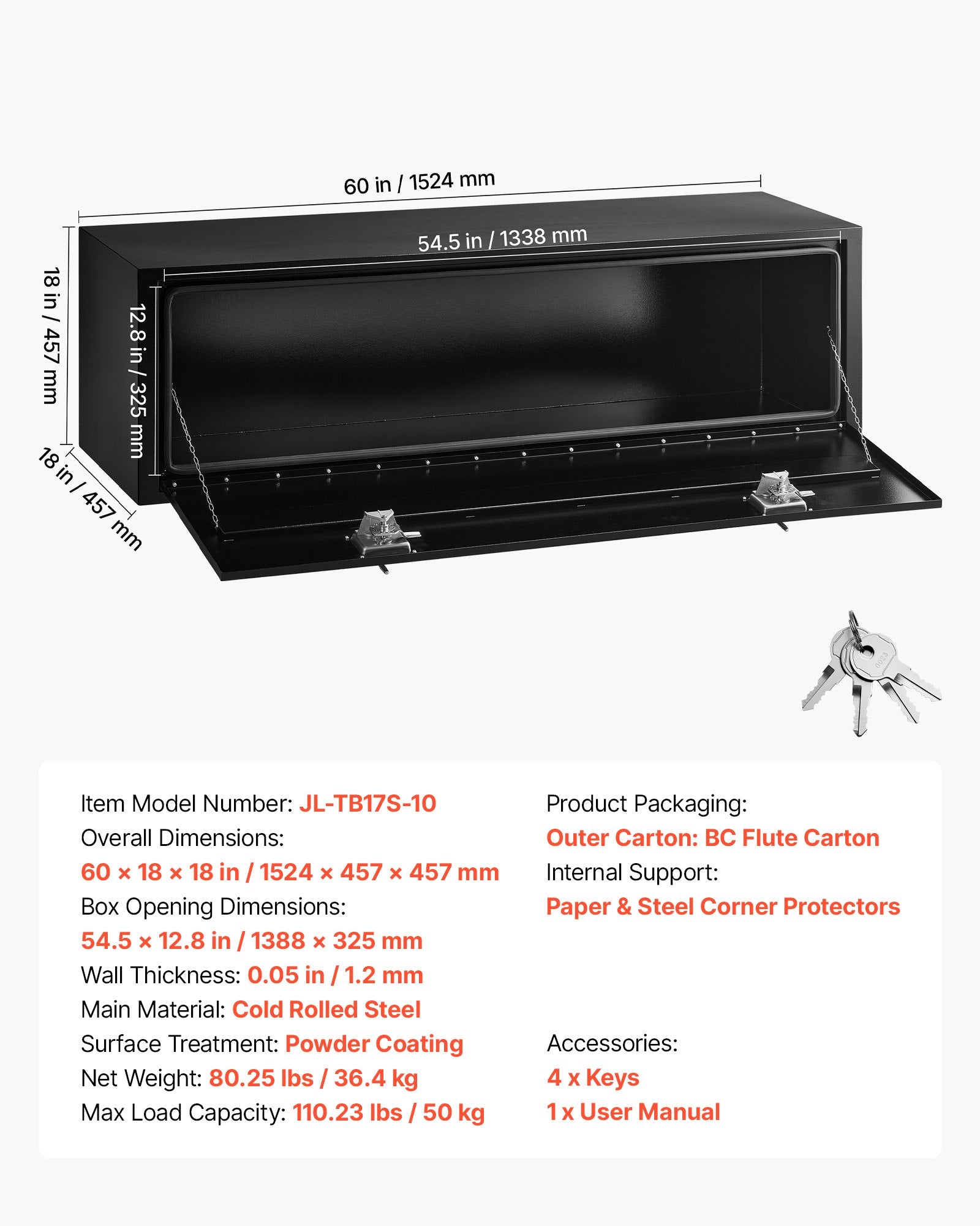 Sunkvežimio įrankių dėžė po kėbulu VEVOR JL-TB17S-10, 1524 x 457 x 457 mm