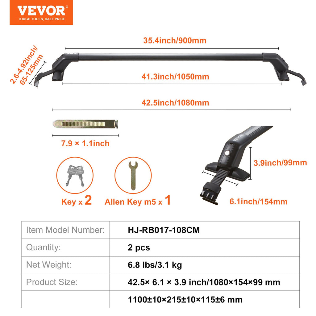 Universalūs stogo bagažinės skersiniai VEVOR HJ-RB017-108CM, 70,3 kg keliamoji galia