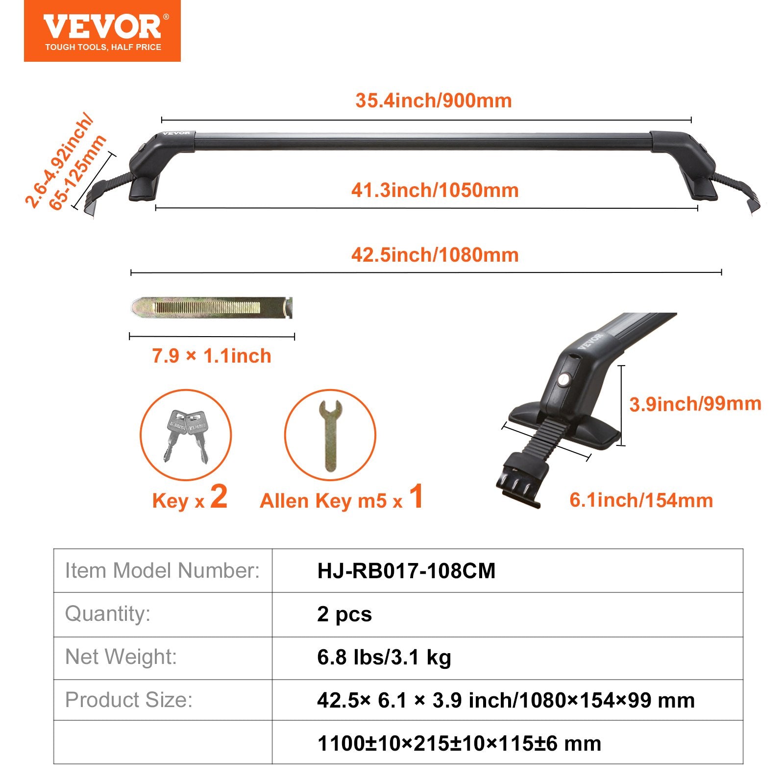 Universalūs stogo bagažinės skersiniai VEVOR HJ-RB017-108CM, 70,3 kg keliamoji galia