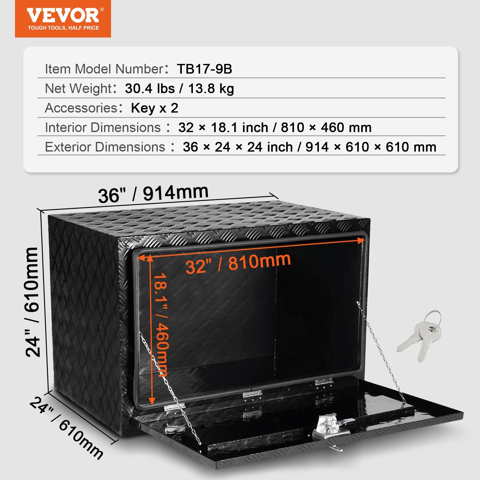 Dėžė įrankiams po kėbulu VEVOR TB17-9B, 914x610x610 mm