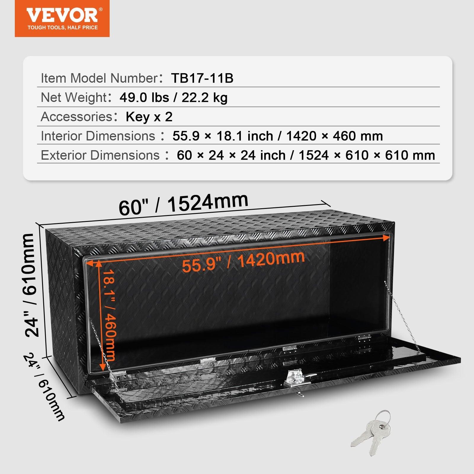 Įrankių dėžė po kėbulu VEVOR TB17-11B, 1524 x 610 x 610 mm