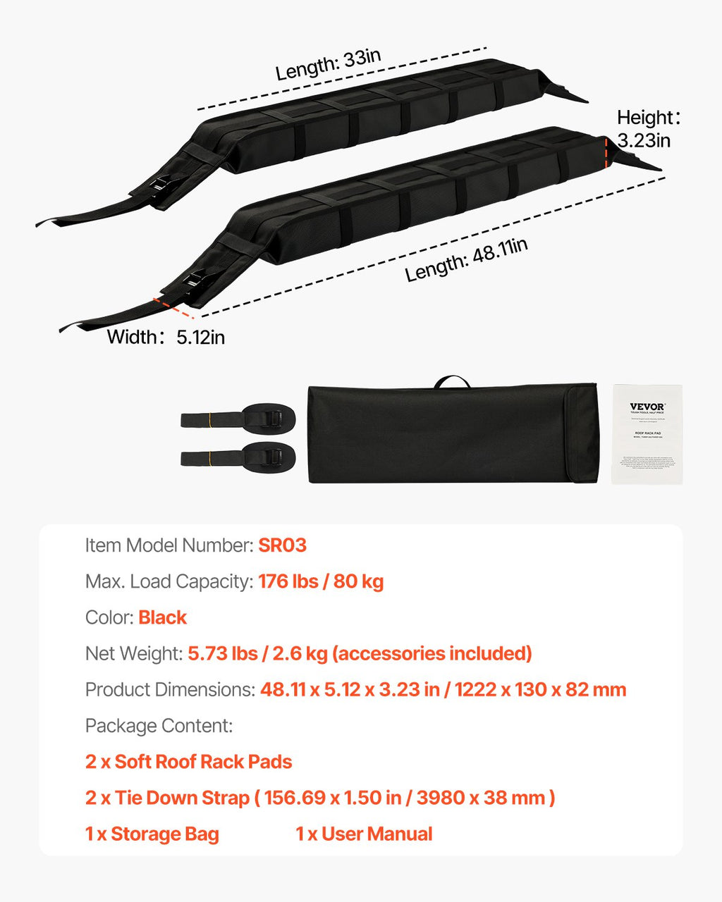 Minkštos stogo bagažinės pagalvėlės VEVOR SR03, 80 kg keliamoji galia