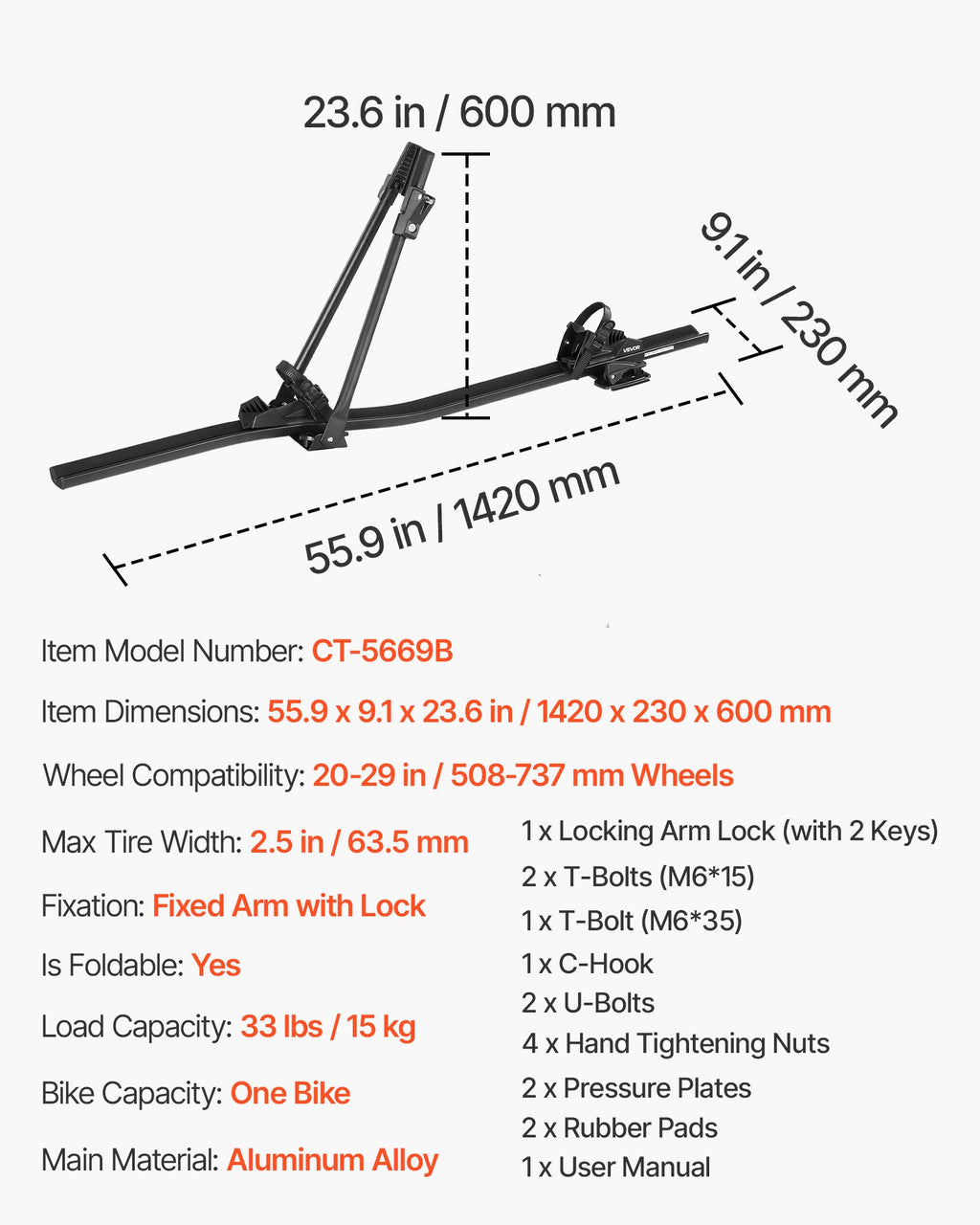 Stogo dviračių laikiklis VEVOR CT-5669B, 15 kg keliamoji galia
