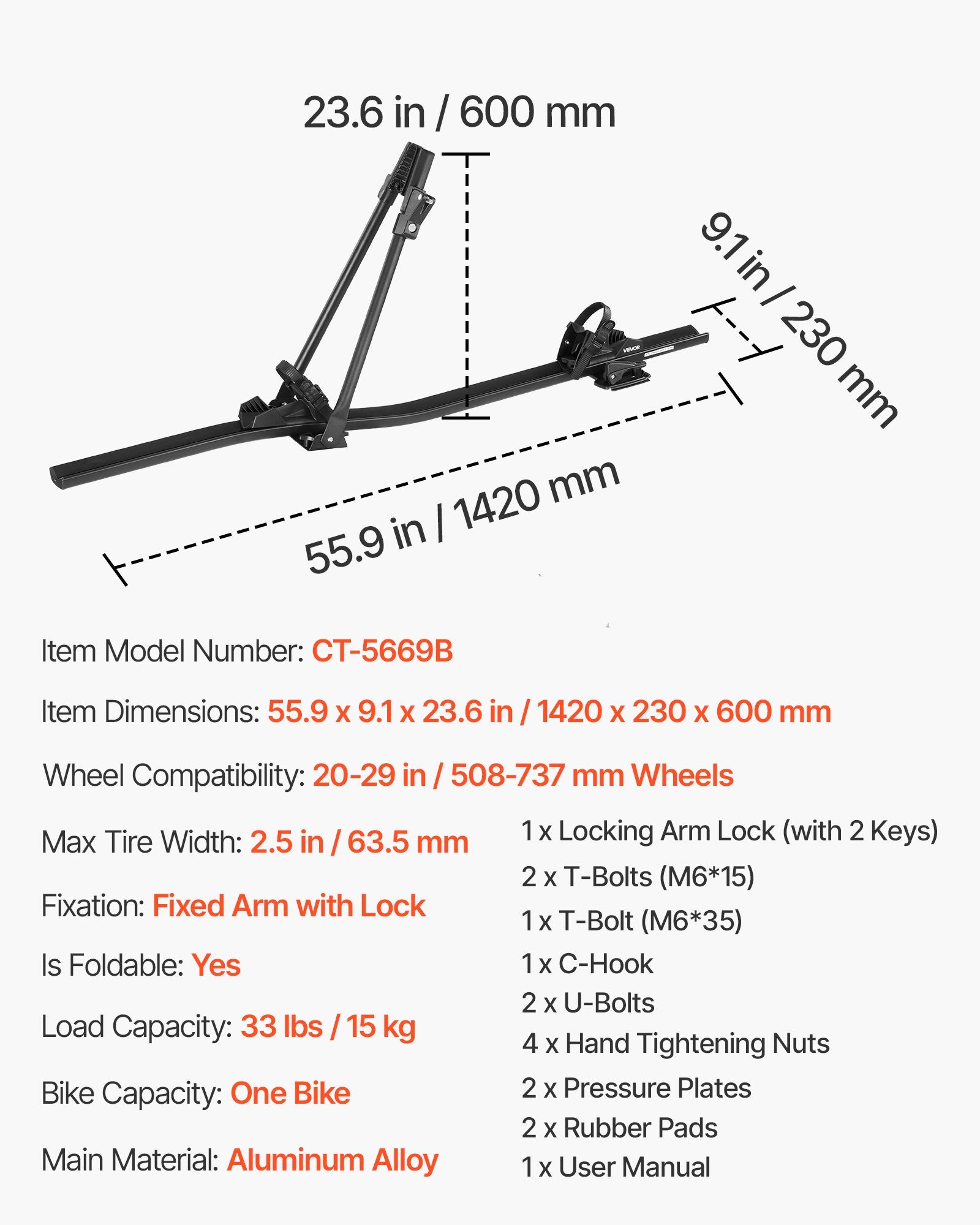 Stogo dviračių laikiklis VEVOR CT-5669B, 15 kg keliamoji galia