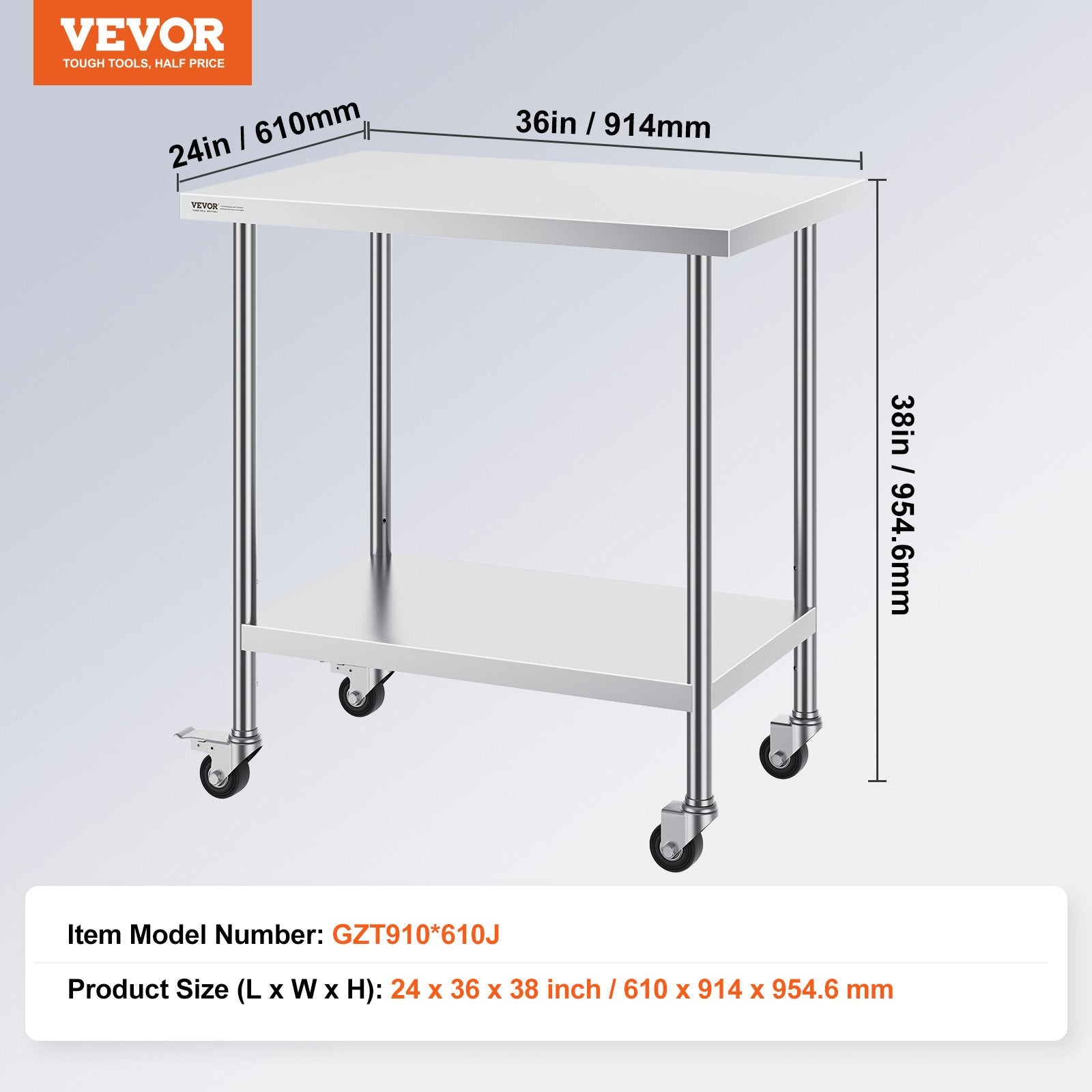 Nerūdijančio plieno darbo stalas VEVOR GZT910*610J, 610 x 914 mm