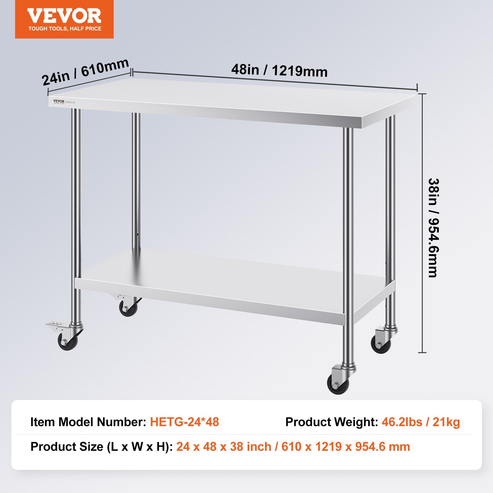 Nerūdijančio plieno darbo stalas VEVOR HETG-24*48, 610 x 1219 mm