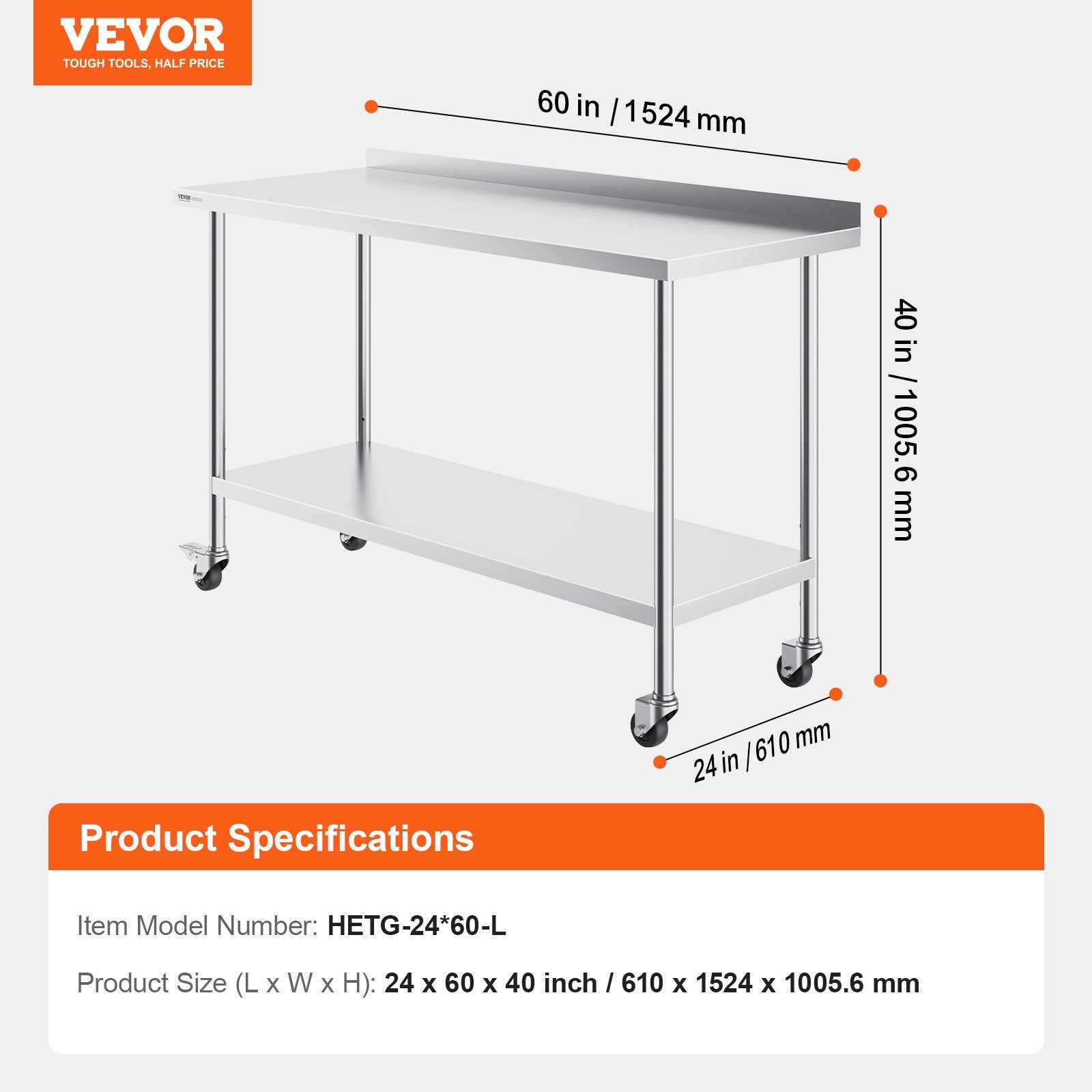 Nerūdijančio plieno darbo stalas VEVOR HETG-24*60-L, 152 x 61 cm