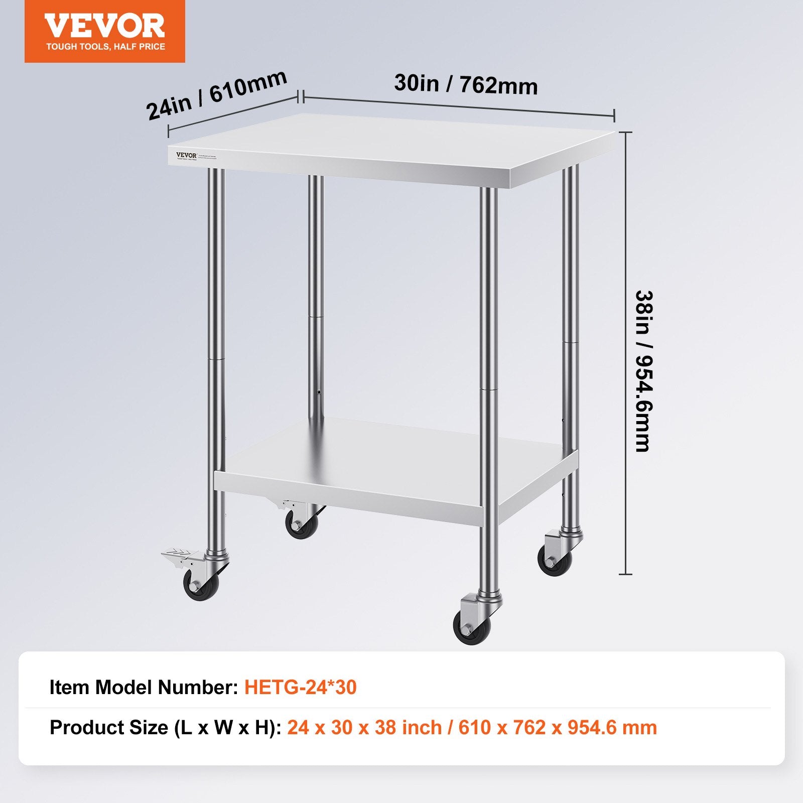 Nerūdijančio plieno darbo stalas VEVOR HETG-24*30, 610 x 762 mm