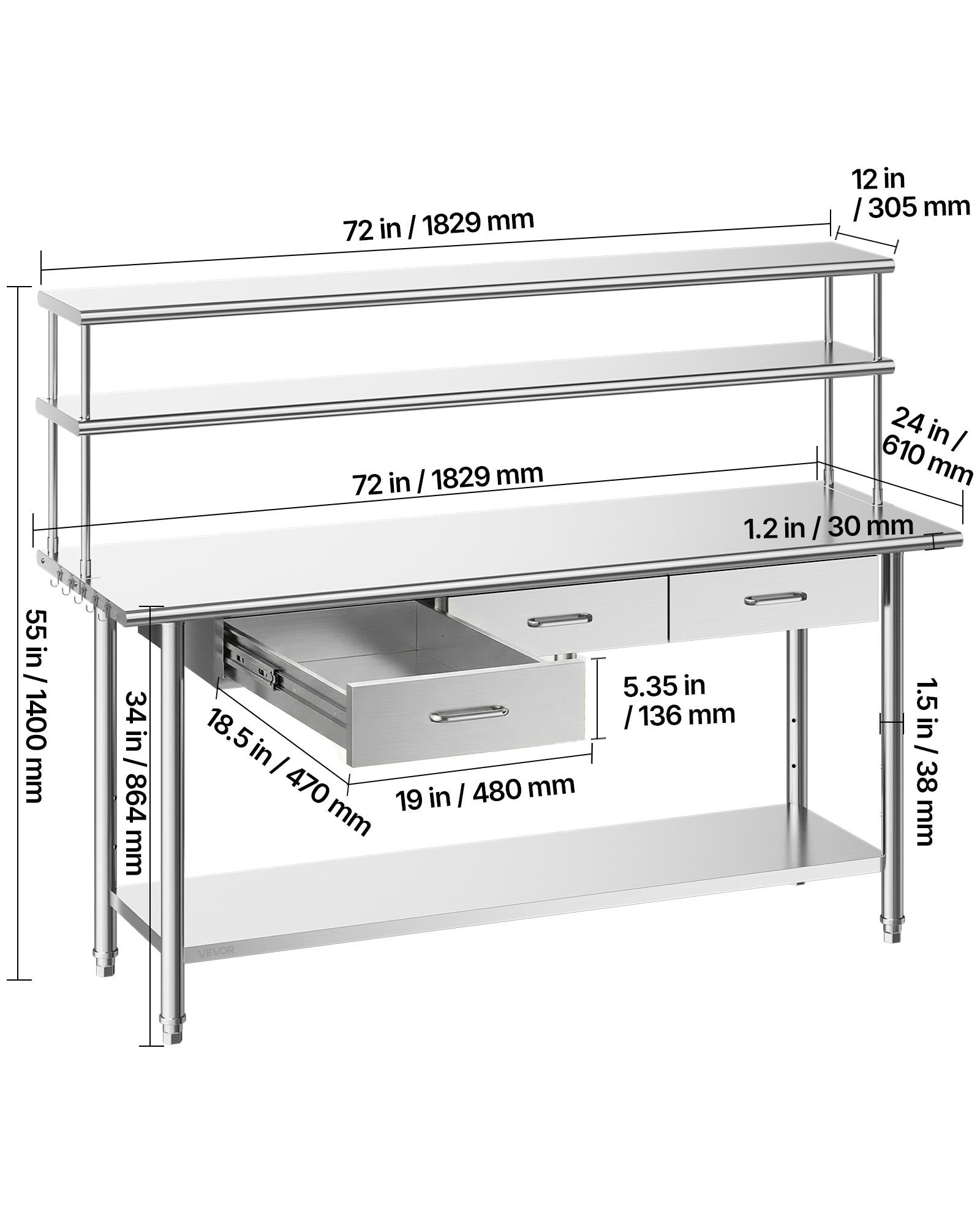 Nerūdijančio plieno darbo stalas VEVOR YH2-72-XP, 61x183 cm