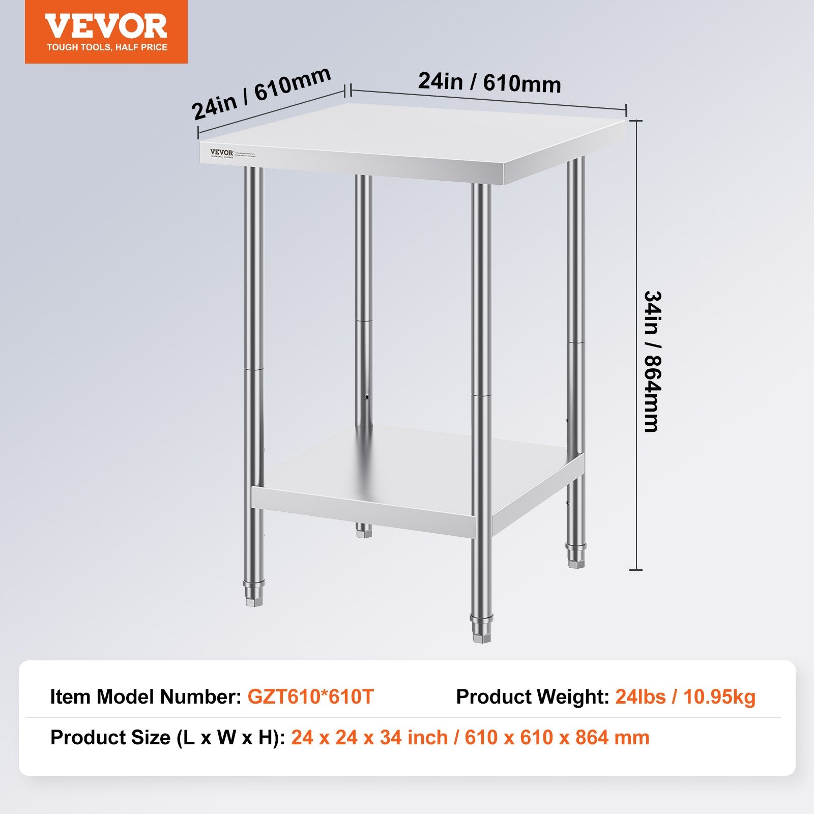 Nerūdijančio plieno paruošimo stalas VEVOR GZT610*610T, 610 x 610 x 864 mm