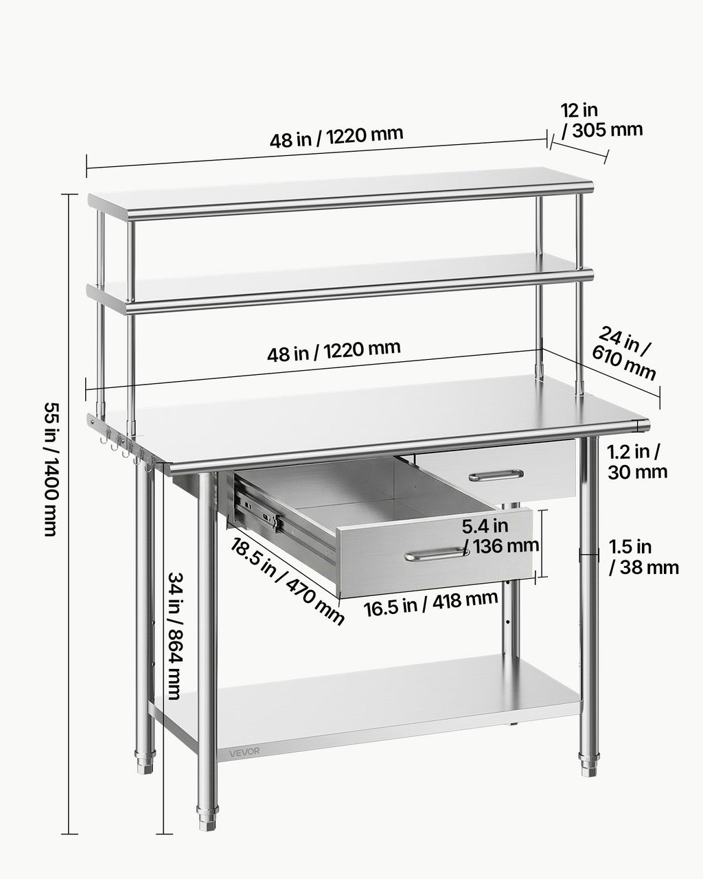 Nerūdijančio plieno darbo stalas VEVOR YH2-48-XP, 61x122 cm