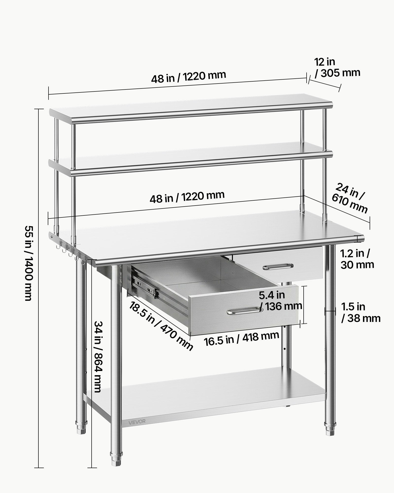 Nerūdijančio plieno darbo stalas VEVOR YH2-48-XP, 61x122 cm