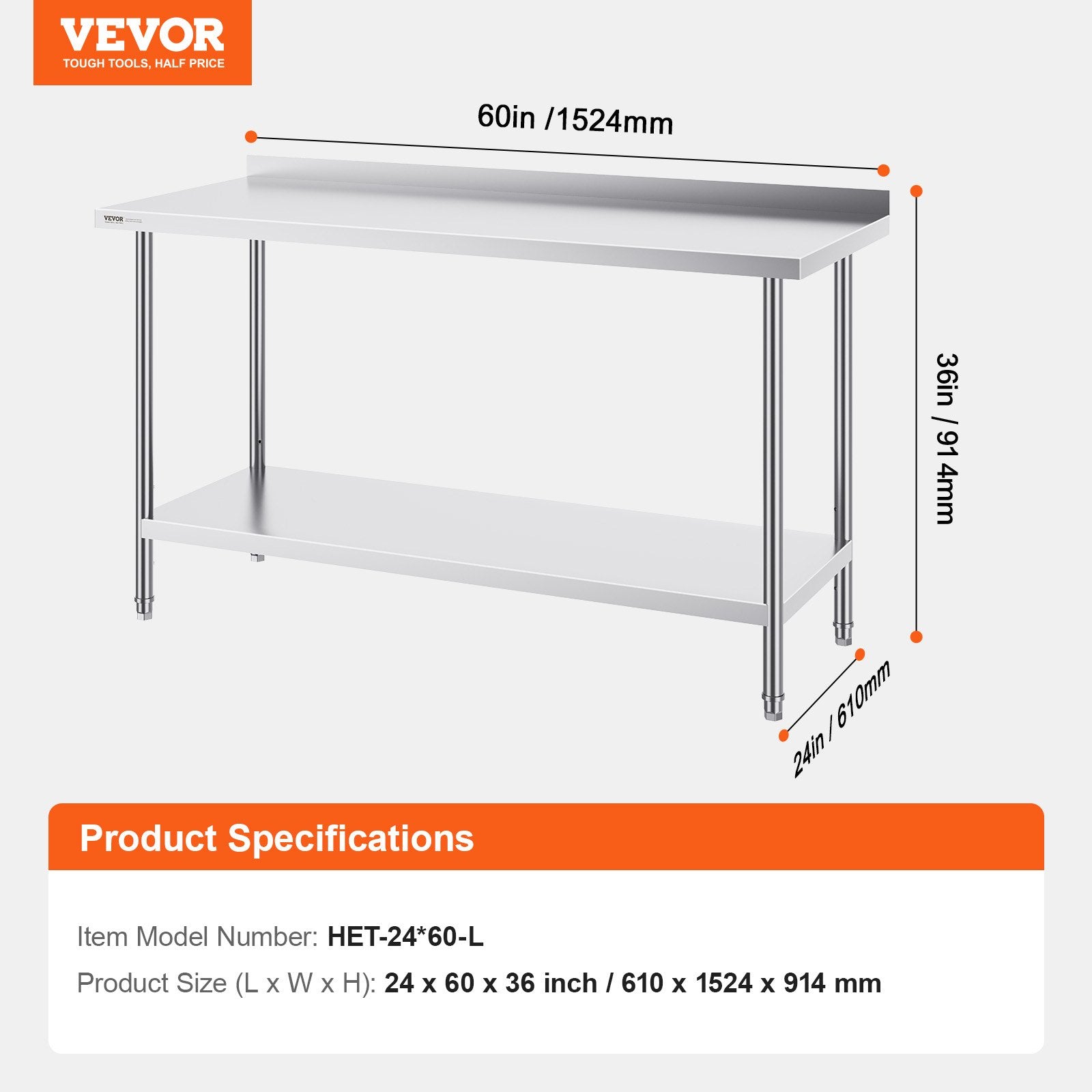 Nerūdijančio plieno darbo stalas VEVOR HET-24*60-L, 610x1524x914 mm