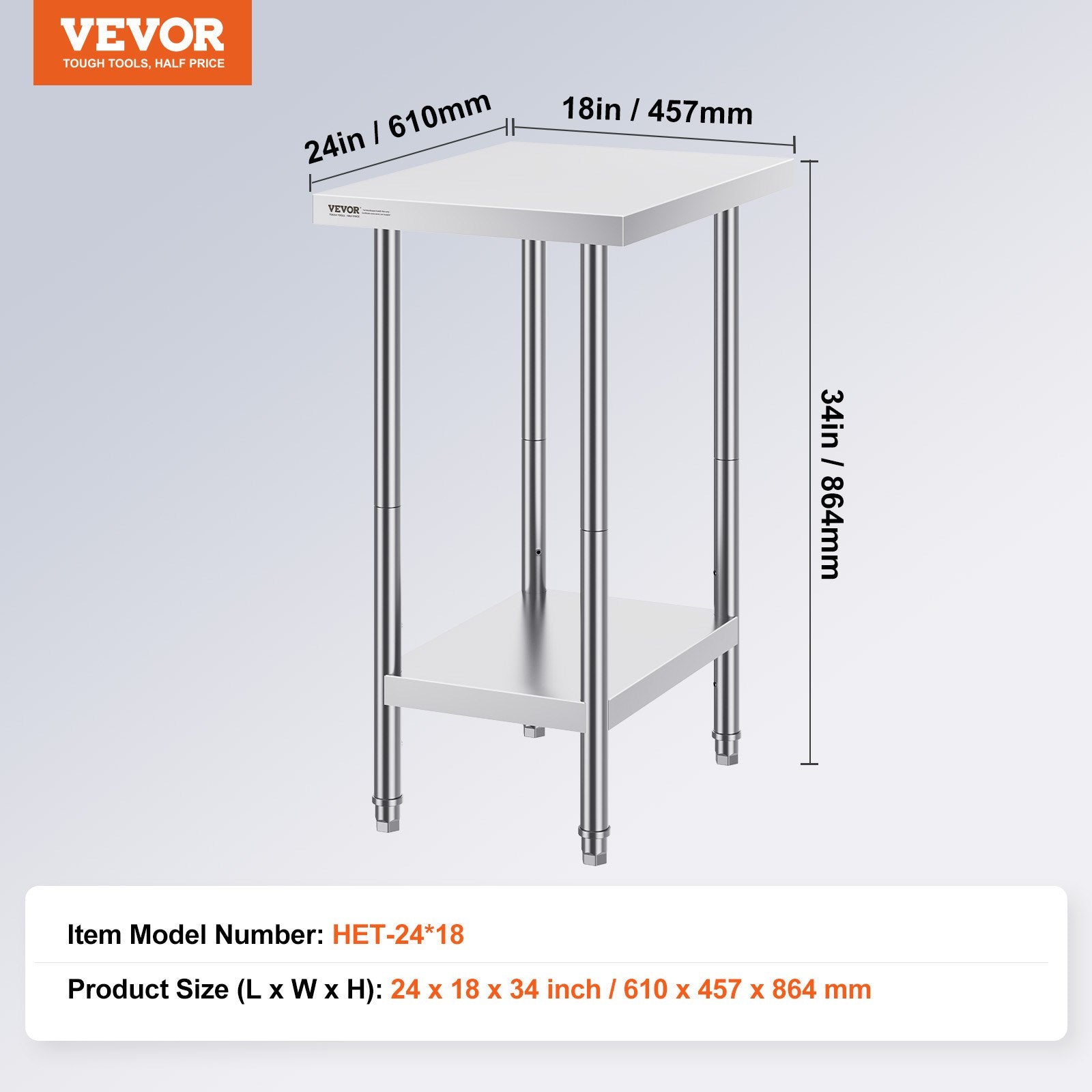 Nerūdijančio plieno darbo stalas VEVOR HET-24*18, 610 x 457 x 864 mm
