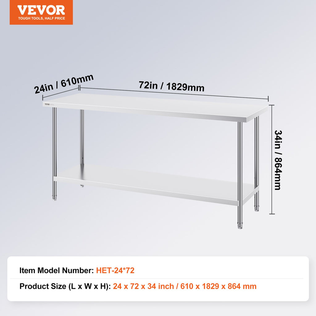 Nerūdijančio plieno darbo stalas VEVOR HET-24*72, 61 x 183 cm