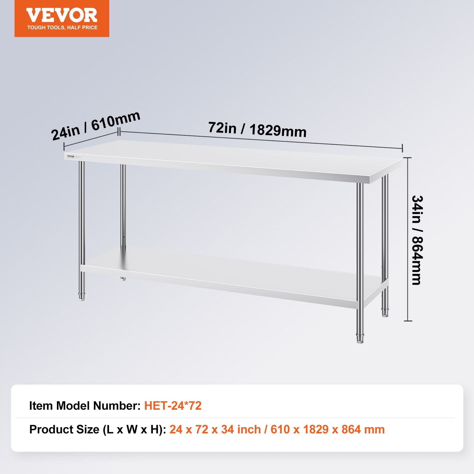 Nerūdijančio plieno darbo stalas VEVOR HET-24*72, 61 x 183 cm