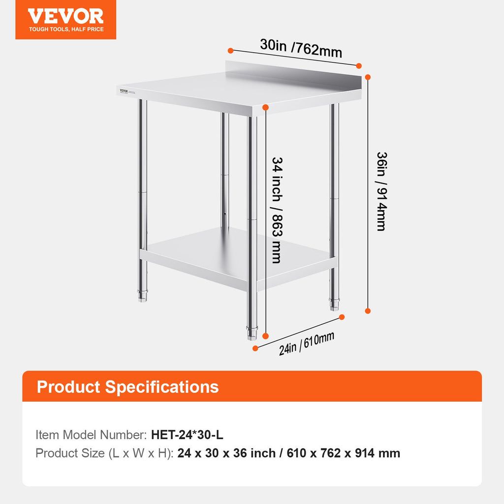Nerūdijančio plieno darbo stalas VEVOR HET-24*30-L, 610 x 762 x 914 mm