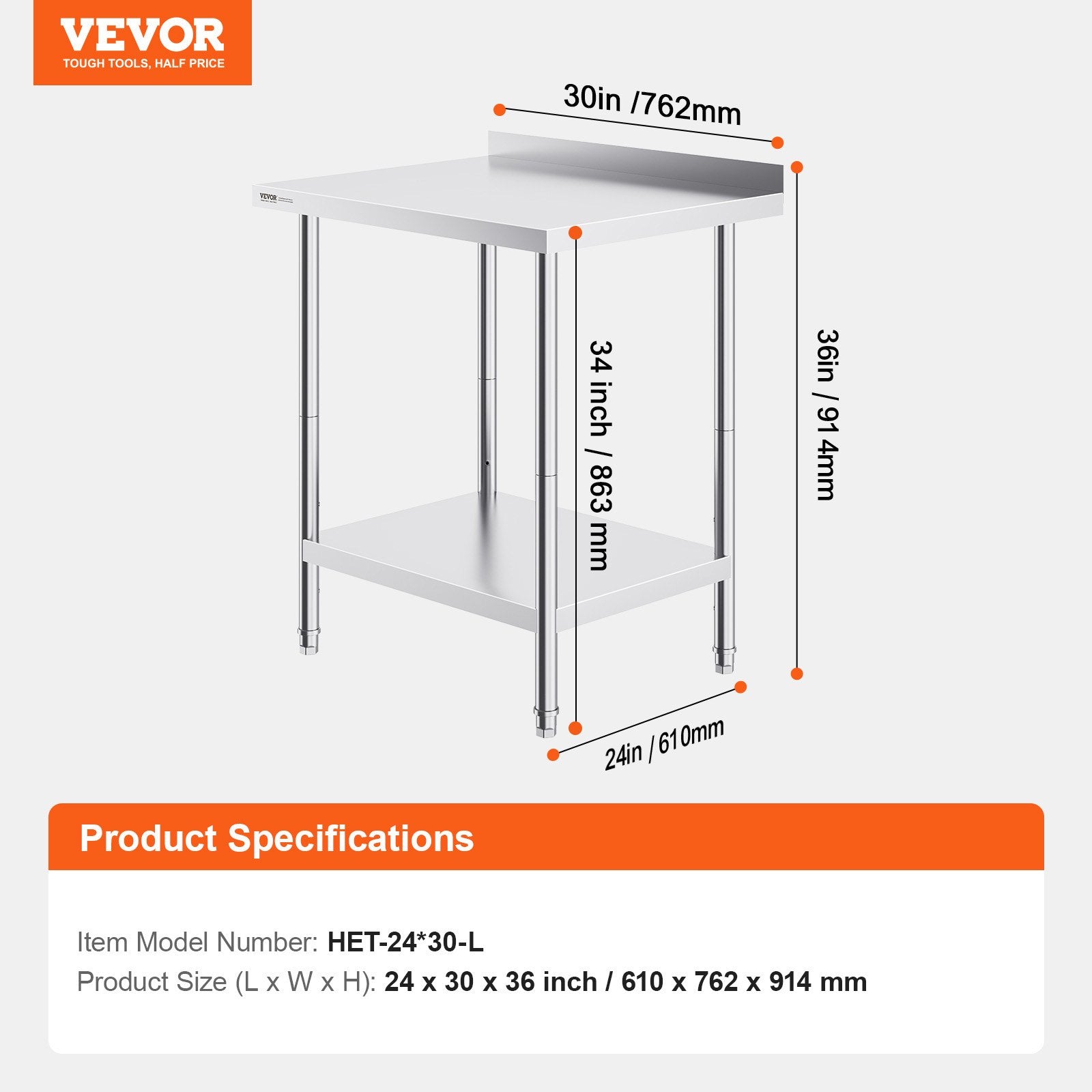 Nerūdijančio plieno darbo stalas VEVOR HET-24*30-L, 610 x 762 x 914 mm