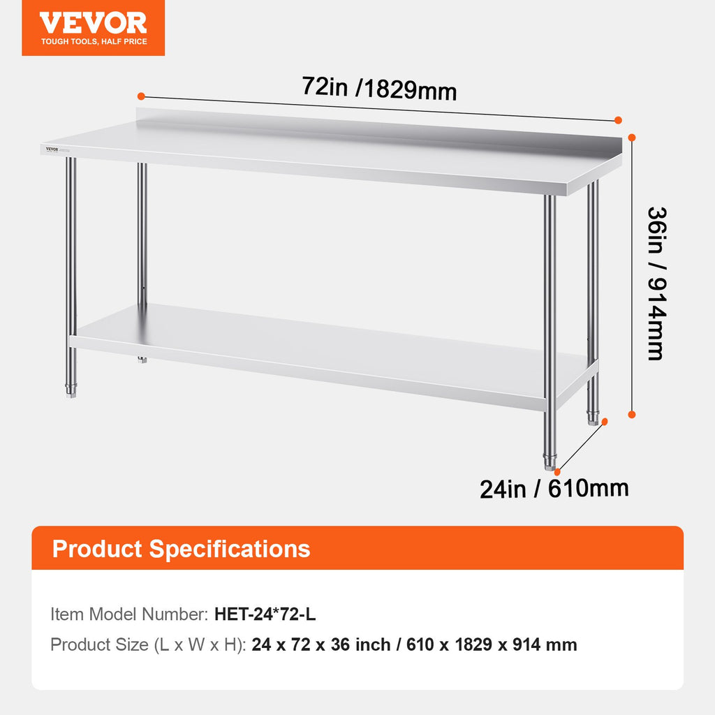 Nerūdijančio plieno darbo stalas VEVOR HET-24*72-L, 610x1829x914 mm