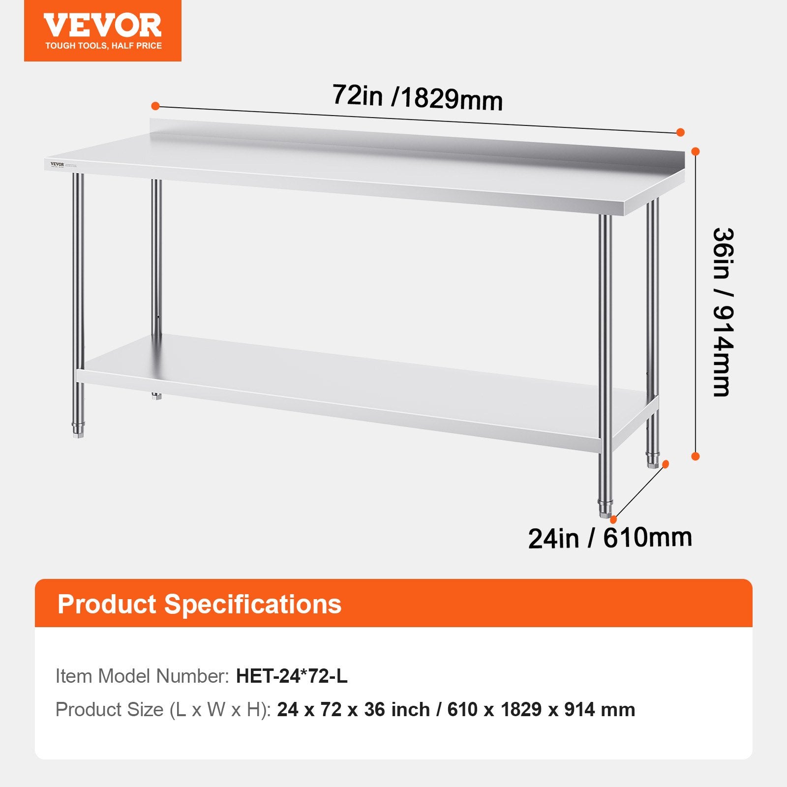 Nerūdijančio plieno darbo stalas VEVOR HET-24*72-L, 610x1829x914 mm