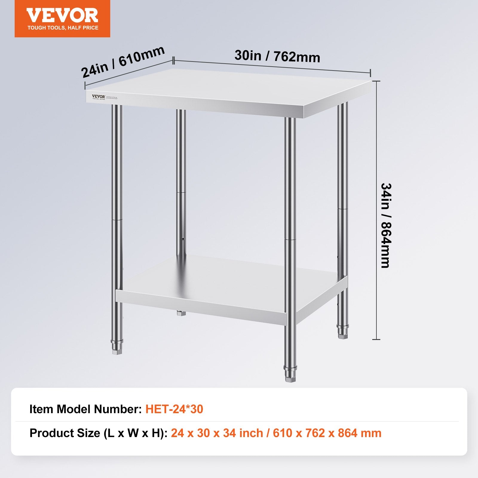 Nerūdijančio plieno darbo stalas VEVOR HET-24*30, 610 x 762 x 864 mm