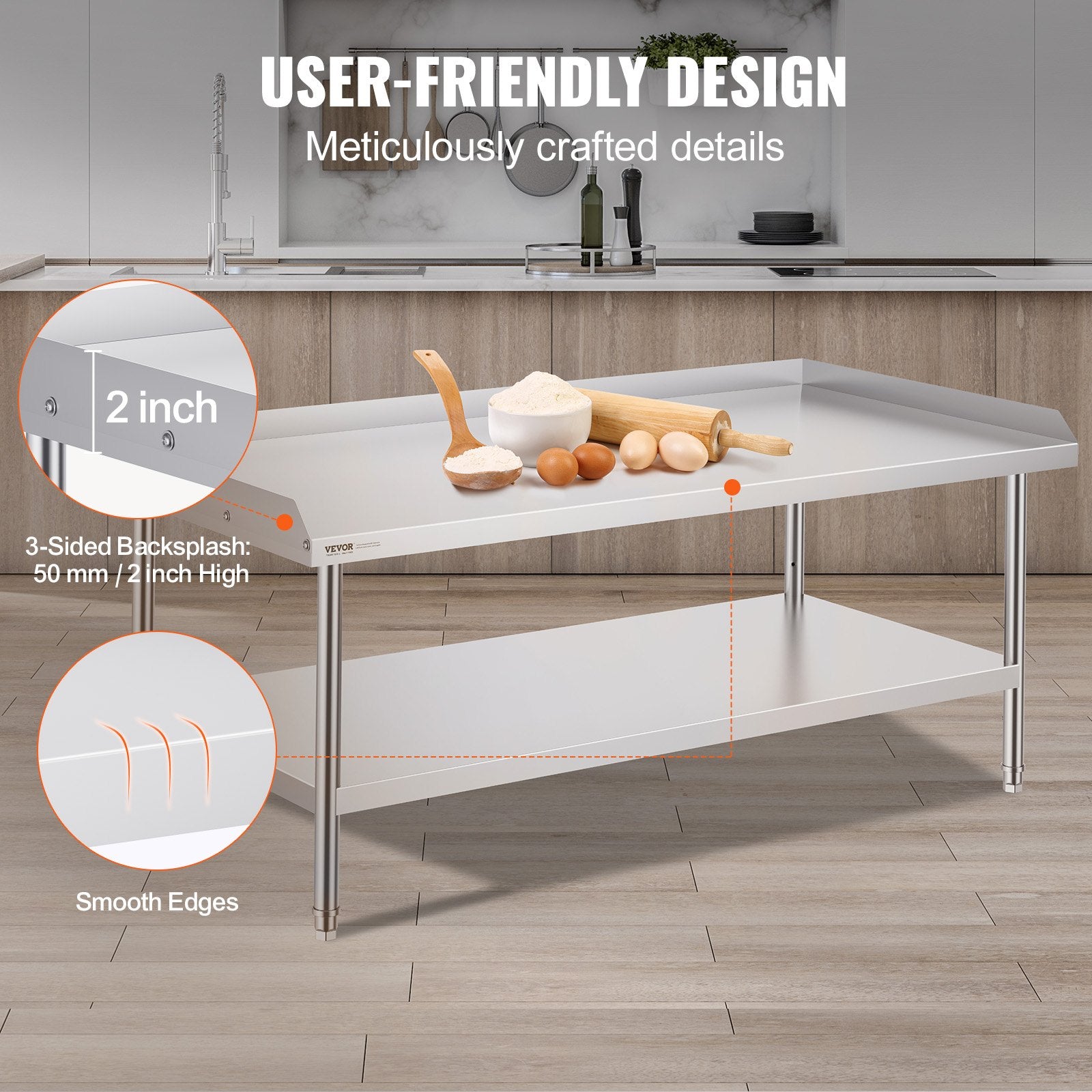 Nerūdijančio plieno darbo stalas VEVOR SKT1520*760T, 152 x 76 cm