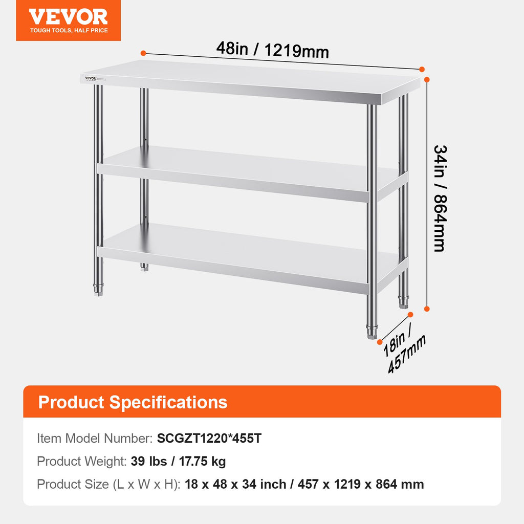 Nerūdijančio plieno darbo stalas VEVOR SCGZT1220*455T, 45,7x121,9 cm