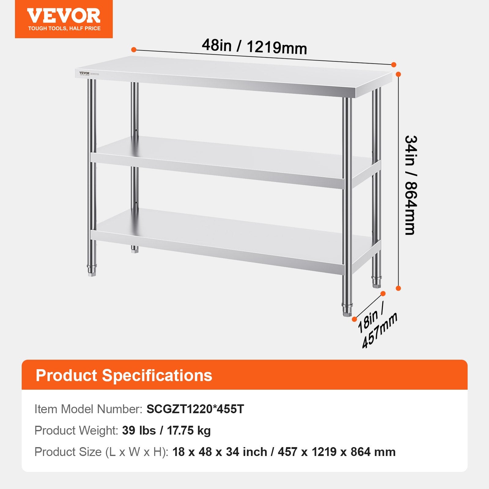 Nerūdijančio plieno darbo stalas VEVOR SCGZT1220*455T, 45,7x121,9 cm