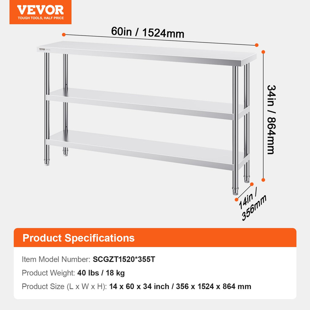 Nerūdijančio plieno darbo stalas VEVOR SCGZT1520*355T, 35,6x152,4 cm