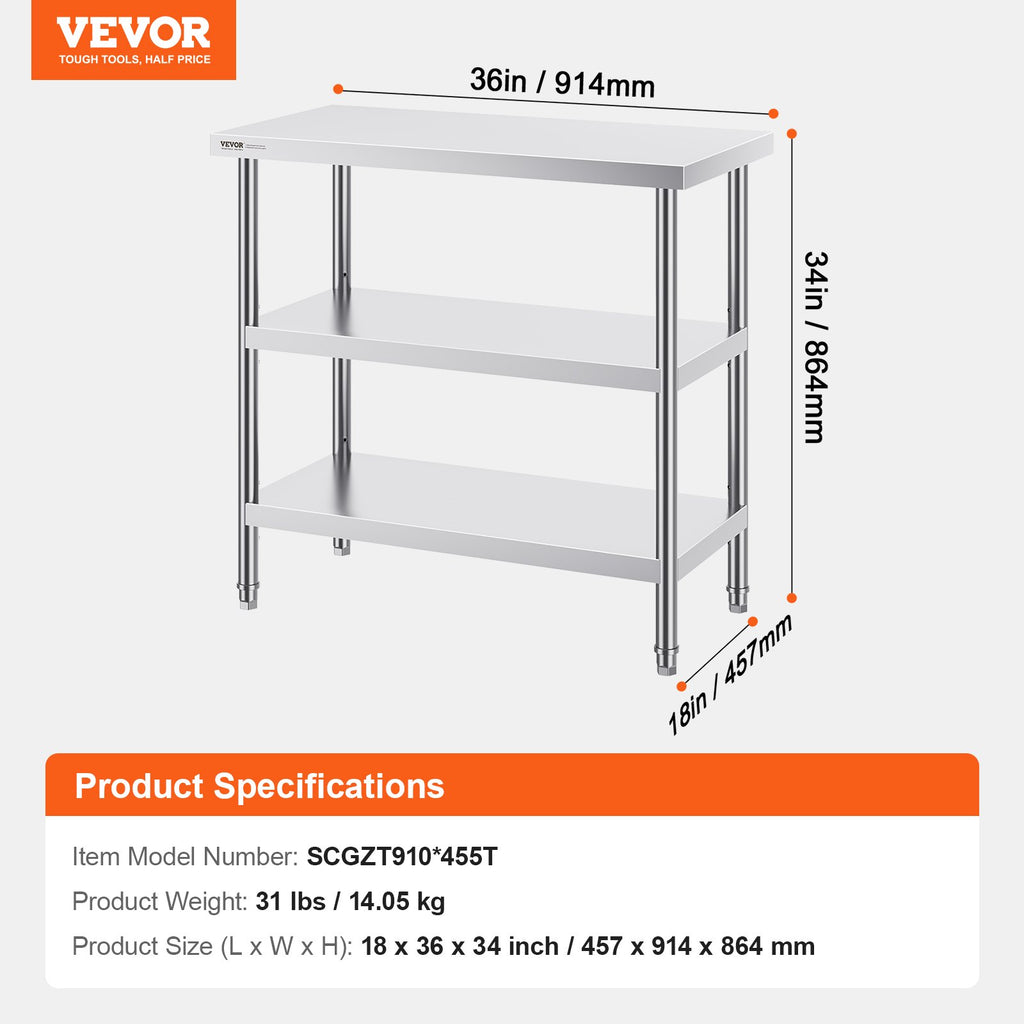 Nerūdijančio plieno darbo stalas VEVOR SCGZT910*455T, 45,7x91,4 cm