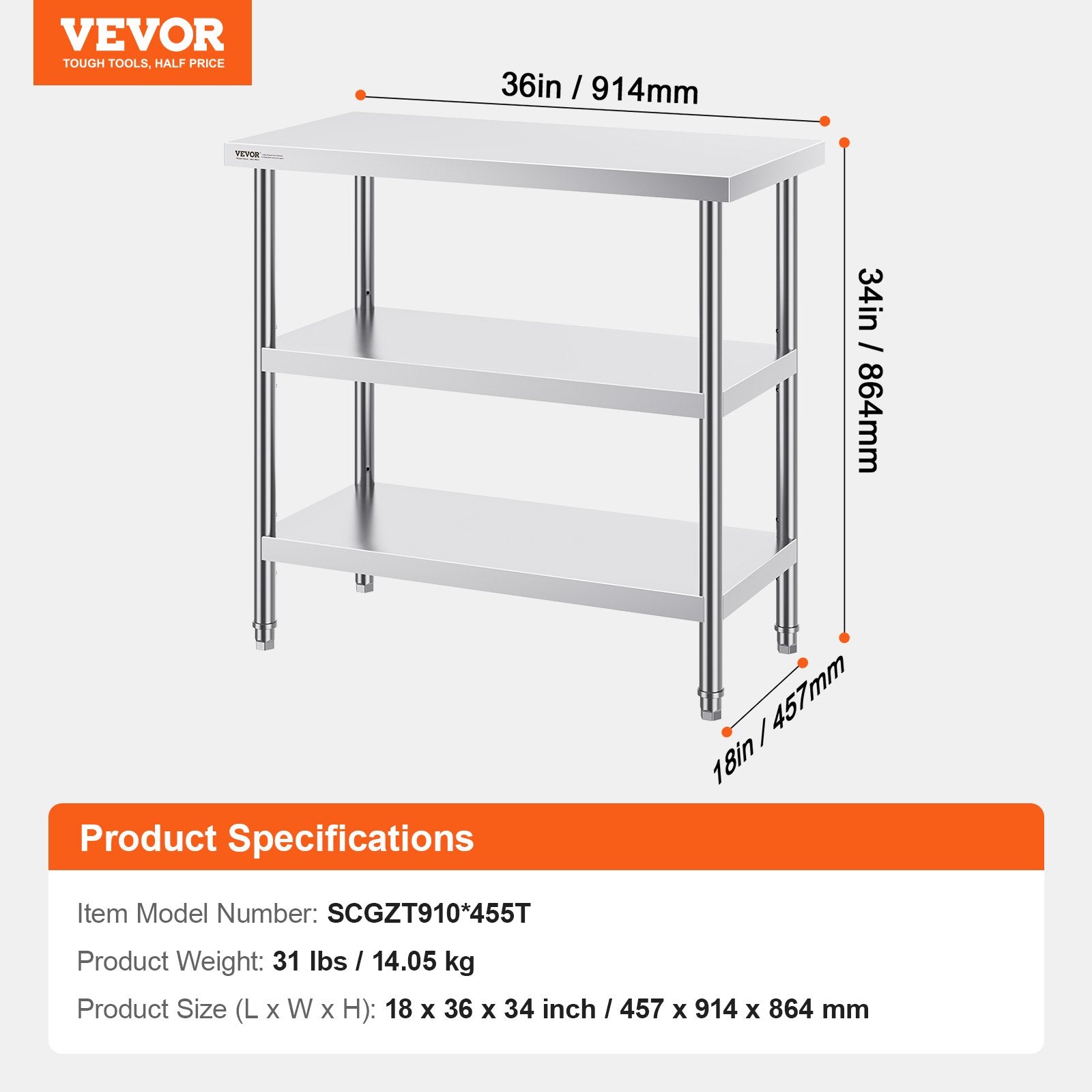 Nerūdijančio plieno darbo stalas VEVOR SCGZT910*455T, 45,7x91,4 cm