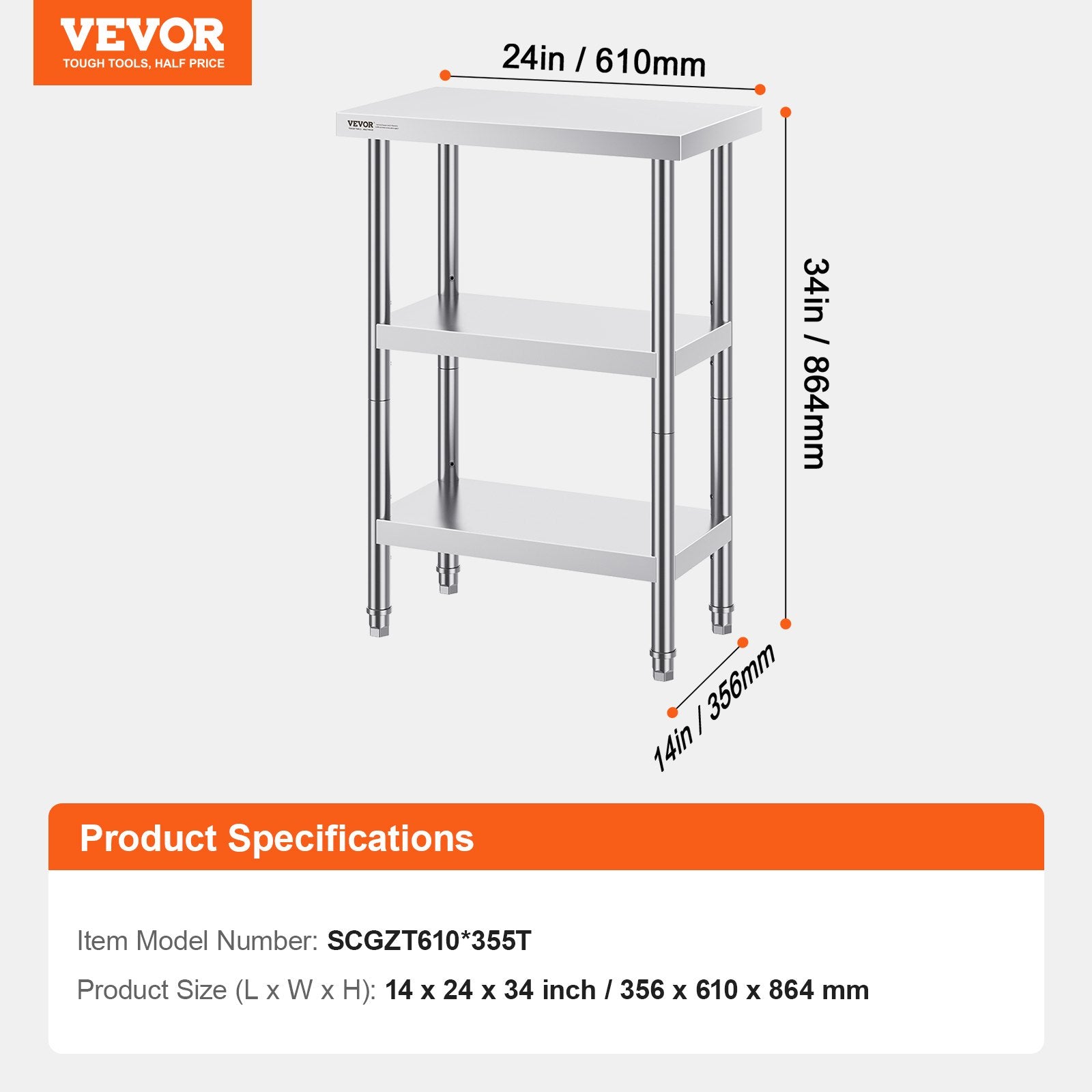 Nerūdijančio plieno virtuvinis stalas VEVOR SCGZT610*355T, 35,6x61 cm