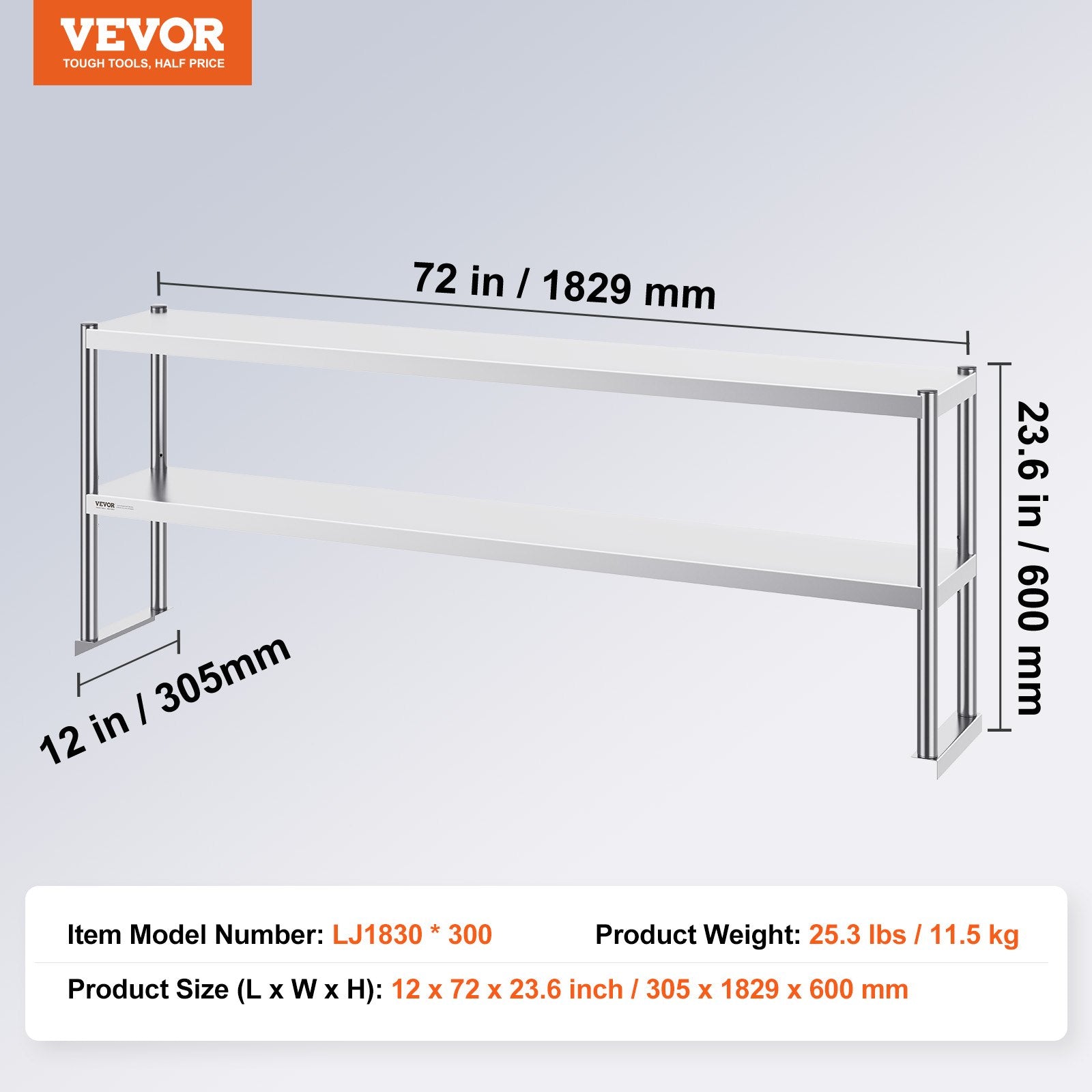 Nerūdijančio plieno lentyna VEVOR LJ1830*300, 305x1829 mm