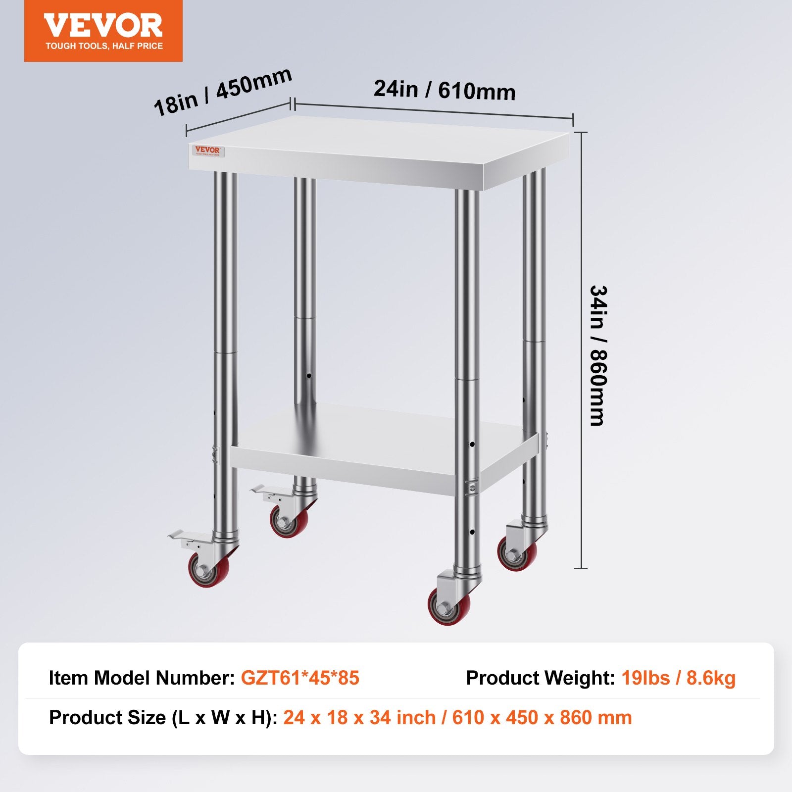 Nerūdijančio plieno darbo stalas VEVOR GZT61*45*85, 317 kg apkrova