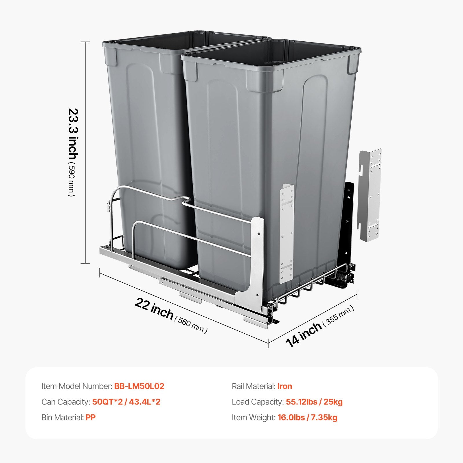 Ištraukiama šiukšliadėžė VEVOR BB-LM50L02, 2 x 47 l