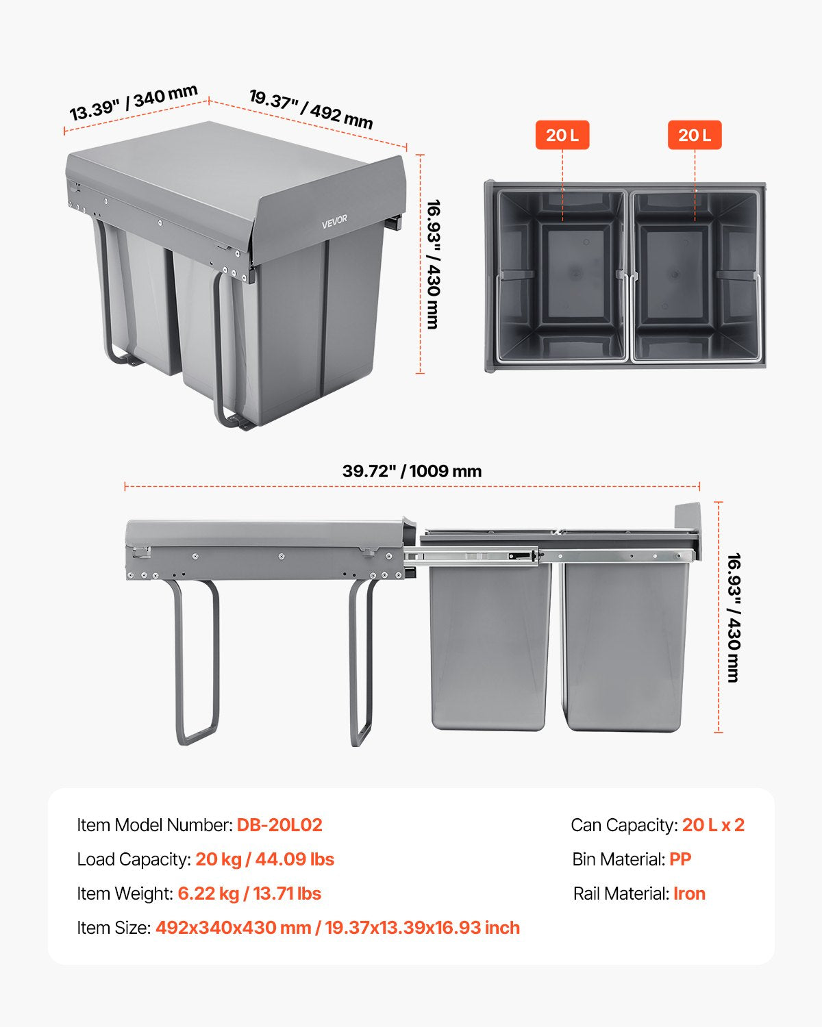 Ištraukiama šiukšliadėžė VEVOR DB-20L02, 2 x 20 l talpa